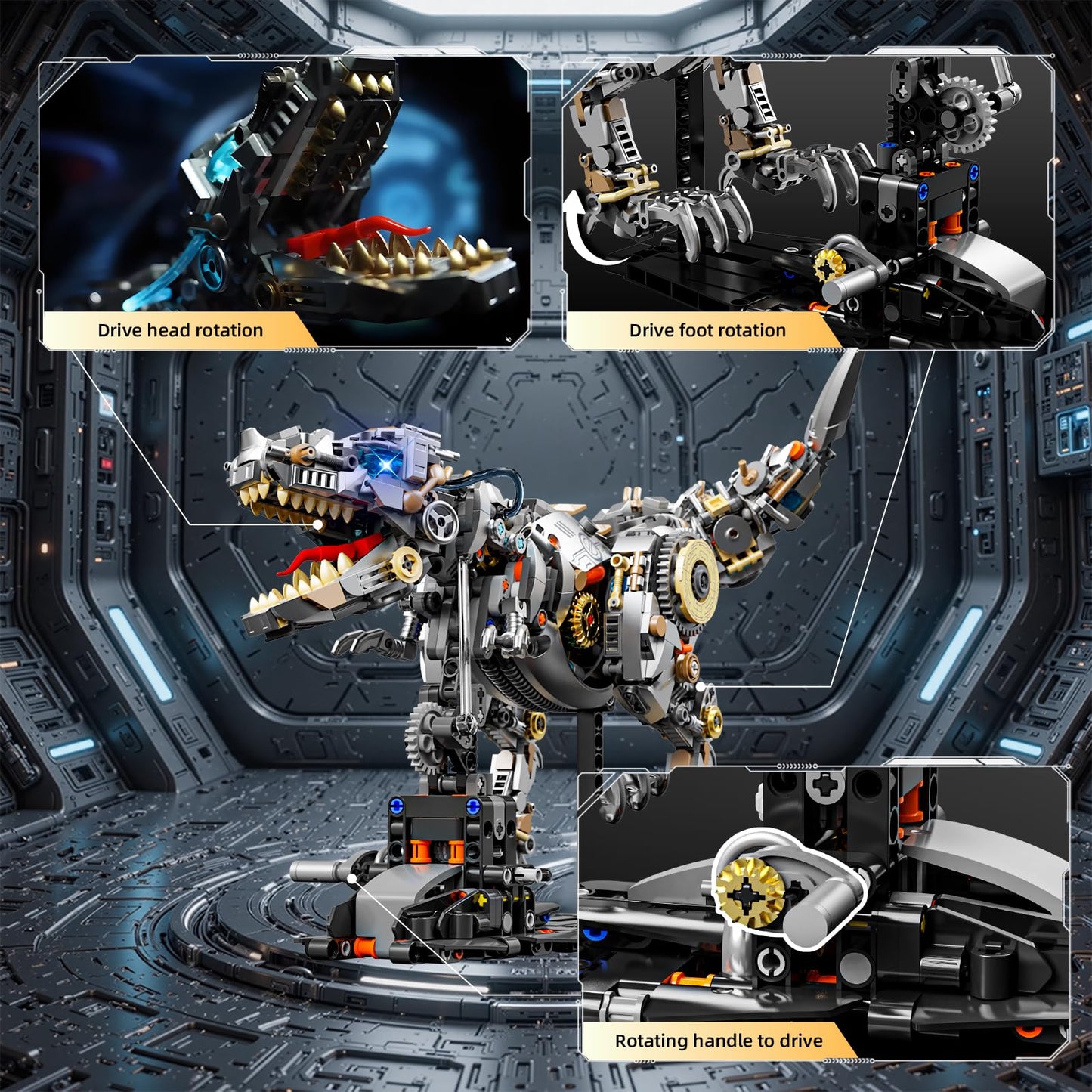 HJPLPXH Mechanical Tyrannosaurus Building Blocks Set — LED Light, Display Stand, 1268 Pieces