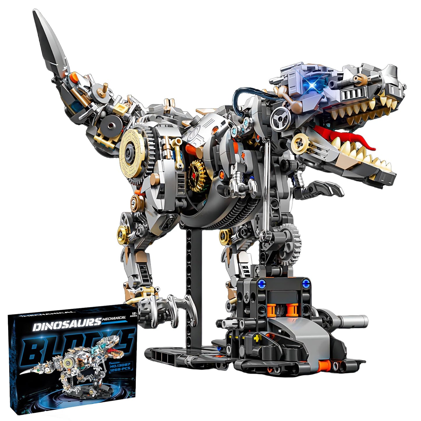 HJPLPXH Mechanical Tyrannosaurus Building Blocks Set — LED Light, Display Stand, 1268 Pieces