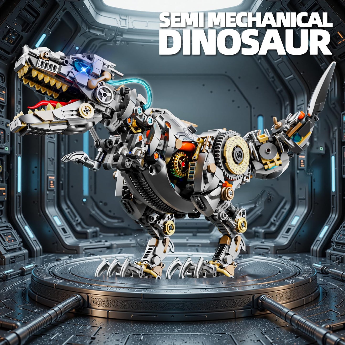 HJPLPXH Mechanical Tyrannosaurus Building Blocks Set — LED Light, Display Stand, 1268 Pieces