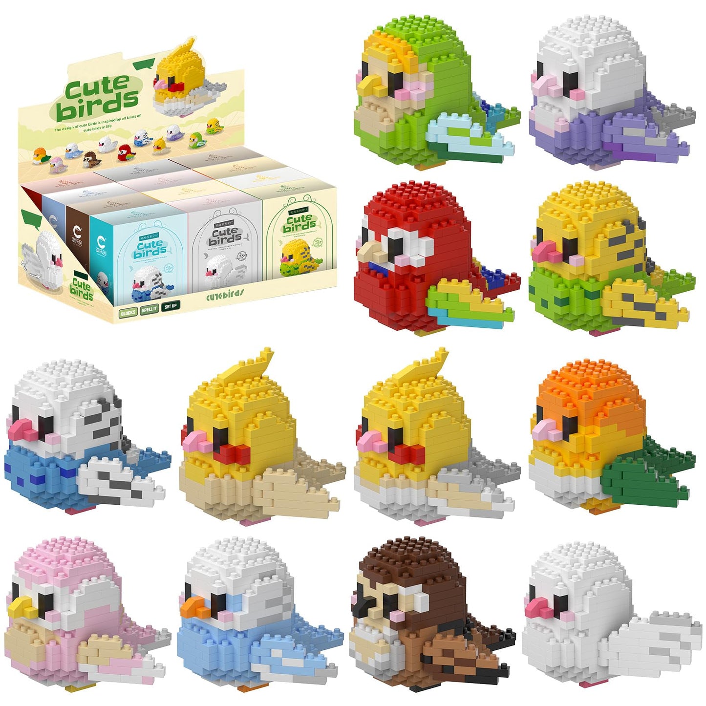 HJPLPXH Parrots Micro Mini Building Block Sets – 12-Box Bird Series for Kids