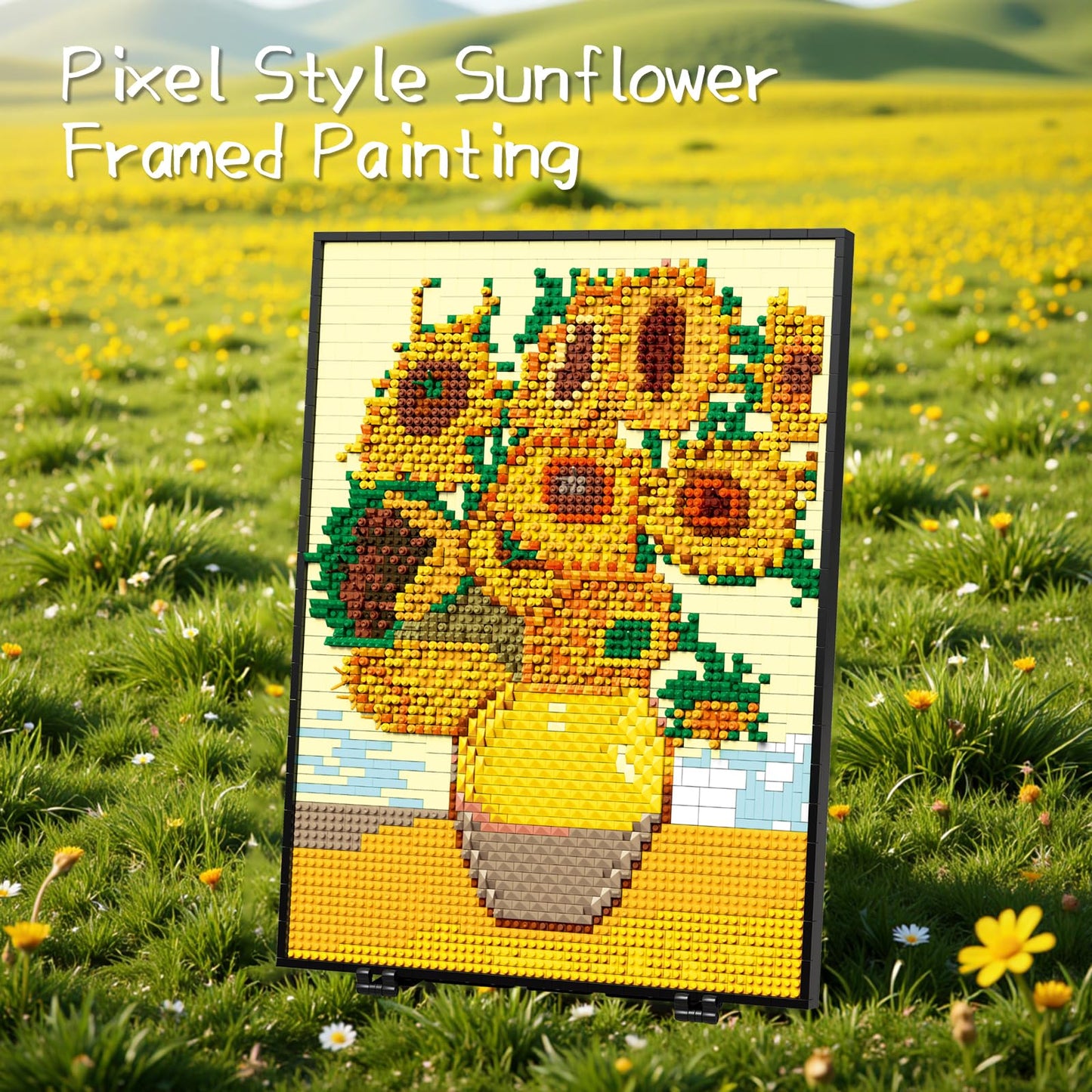 HJPLPXH Pixel Sunflower Painting Frame – 3504PCS Building Block Art Model for Home & Office Decor