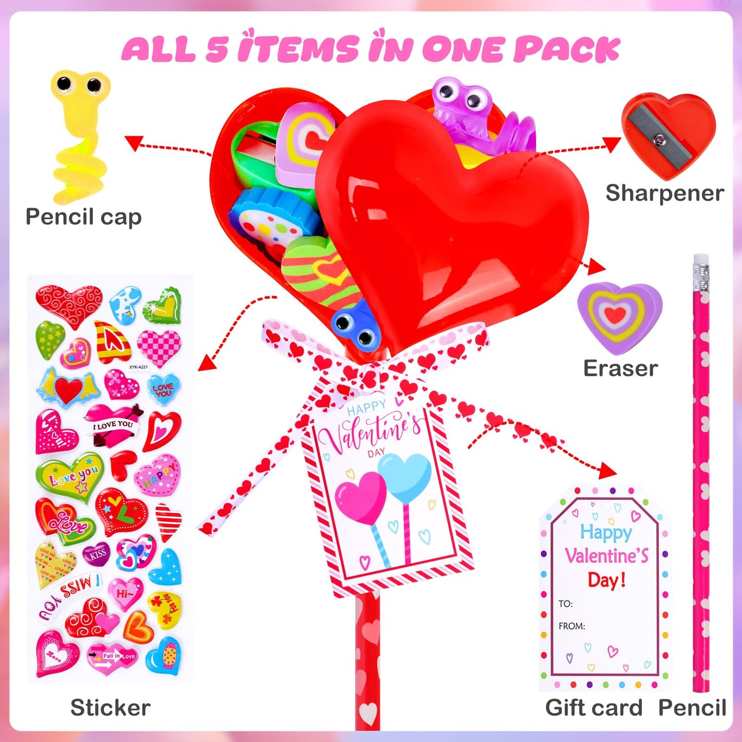 HKKDKTA Valentines Day Gifts for Kids Classroom – 24-Pack Heart-Shaped Stationery Set
