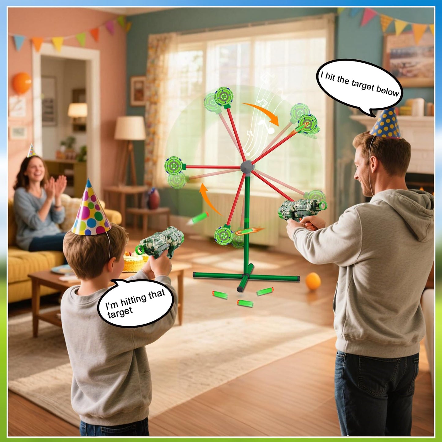 HLDYA Rocket Shooting Games with Rotating Target – 2 Foam Dart Guns, 20 Darts, Outdoor Carnival Play (Green)