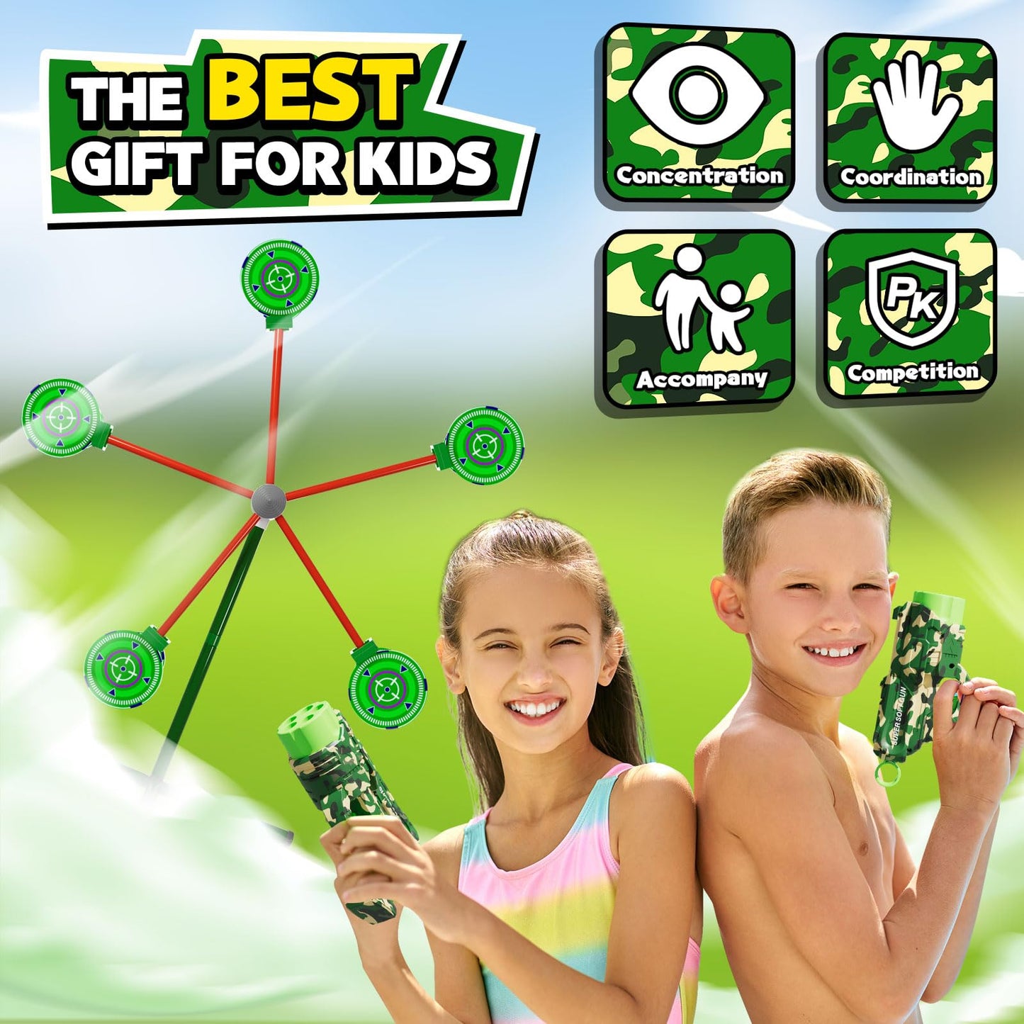 HLDYA Rocket Shooting Games with Rotating Target – 2 Foam Dart Guns, 20 Darts, Outdoor Carnival Play (Green)