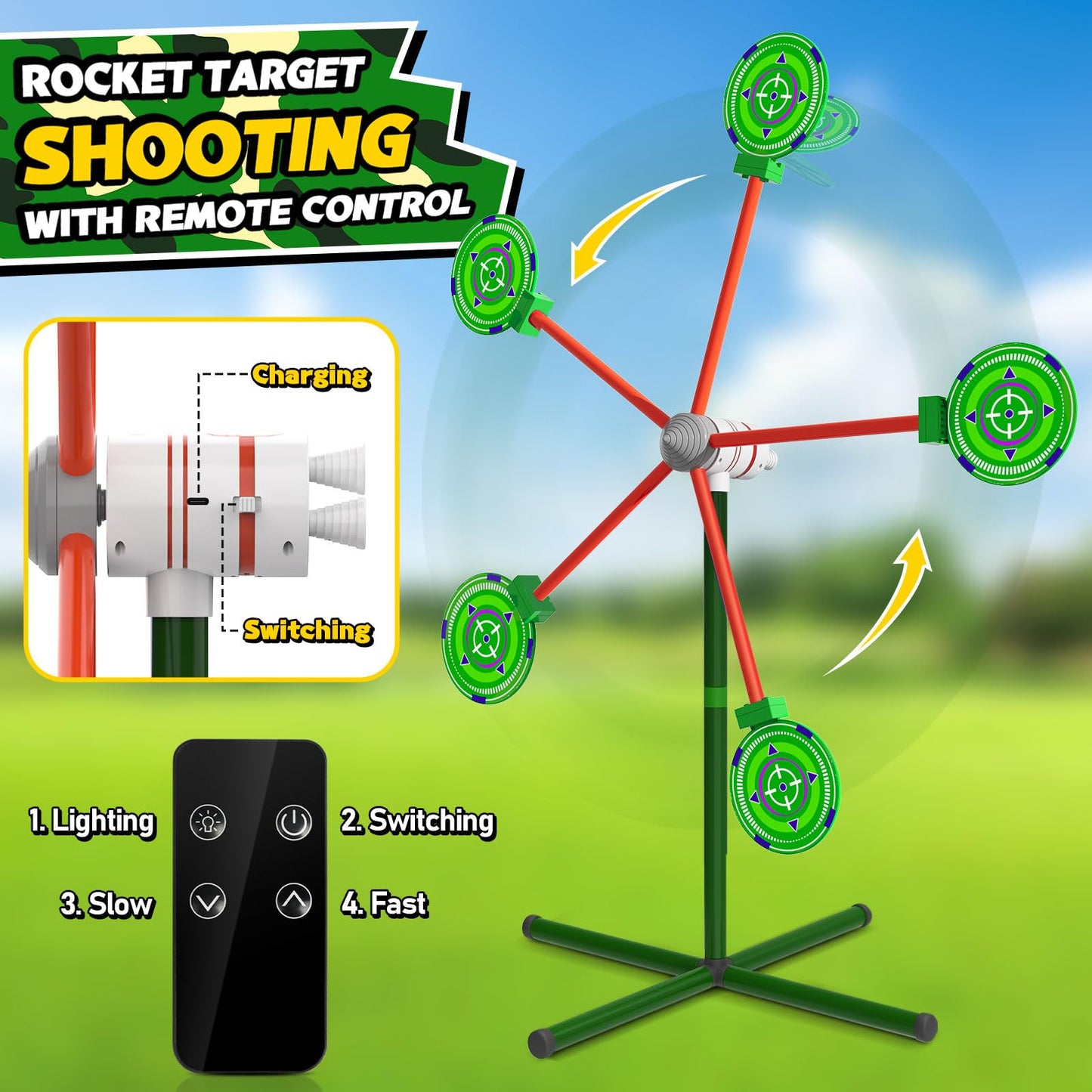 HLDYA Rocket Shooting Games with Rotating Target – 2 Foam Dart Guns, 20 Darts, Outdoor Carnival Play (Green)