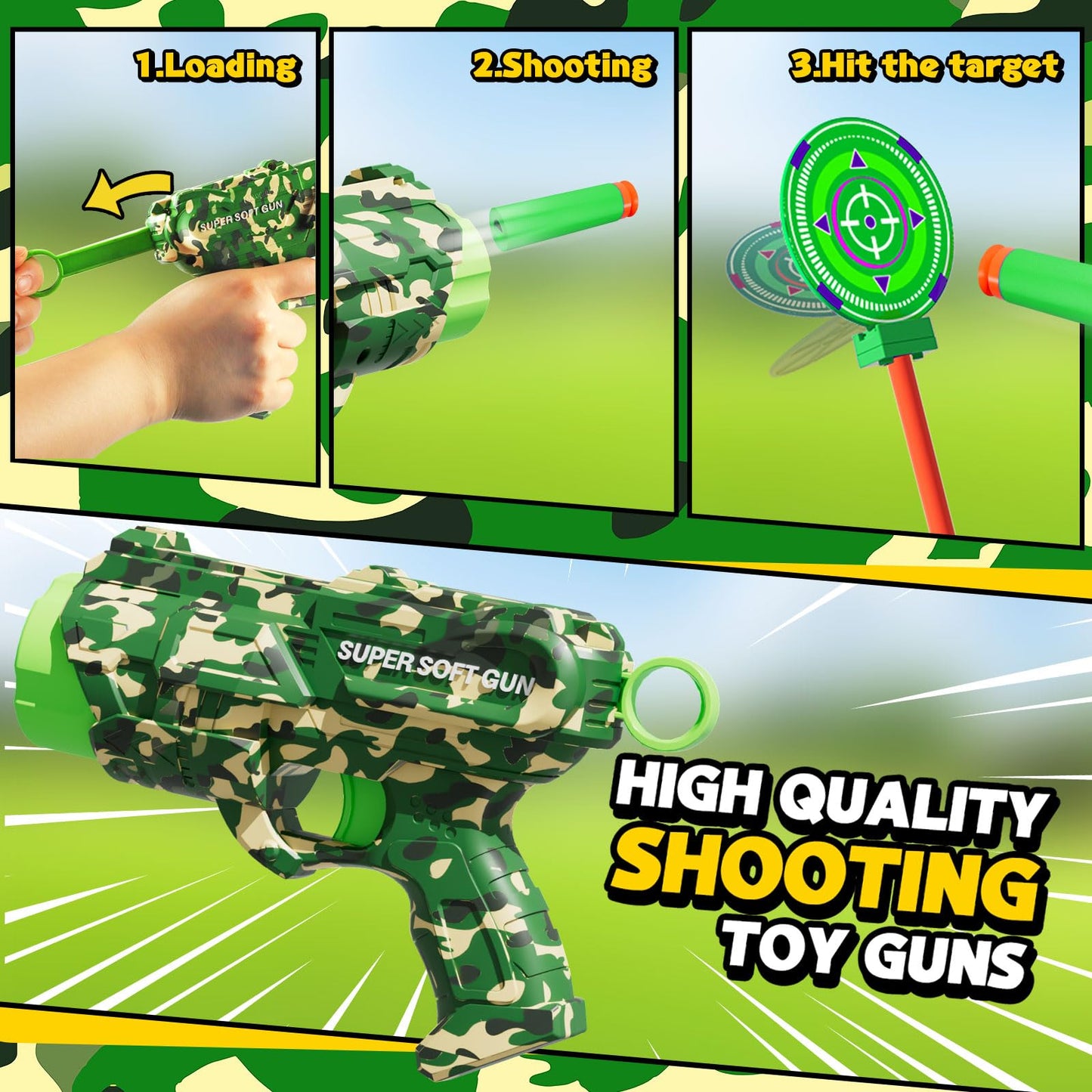HLDYA Rocket Shooting Games with Rotating Target – 2 Foam Dart Guns, 20 Darts, Outdoor Carnival Play (Green)