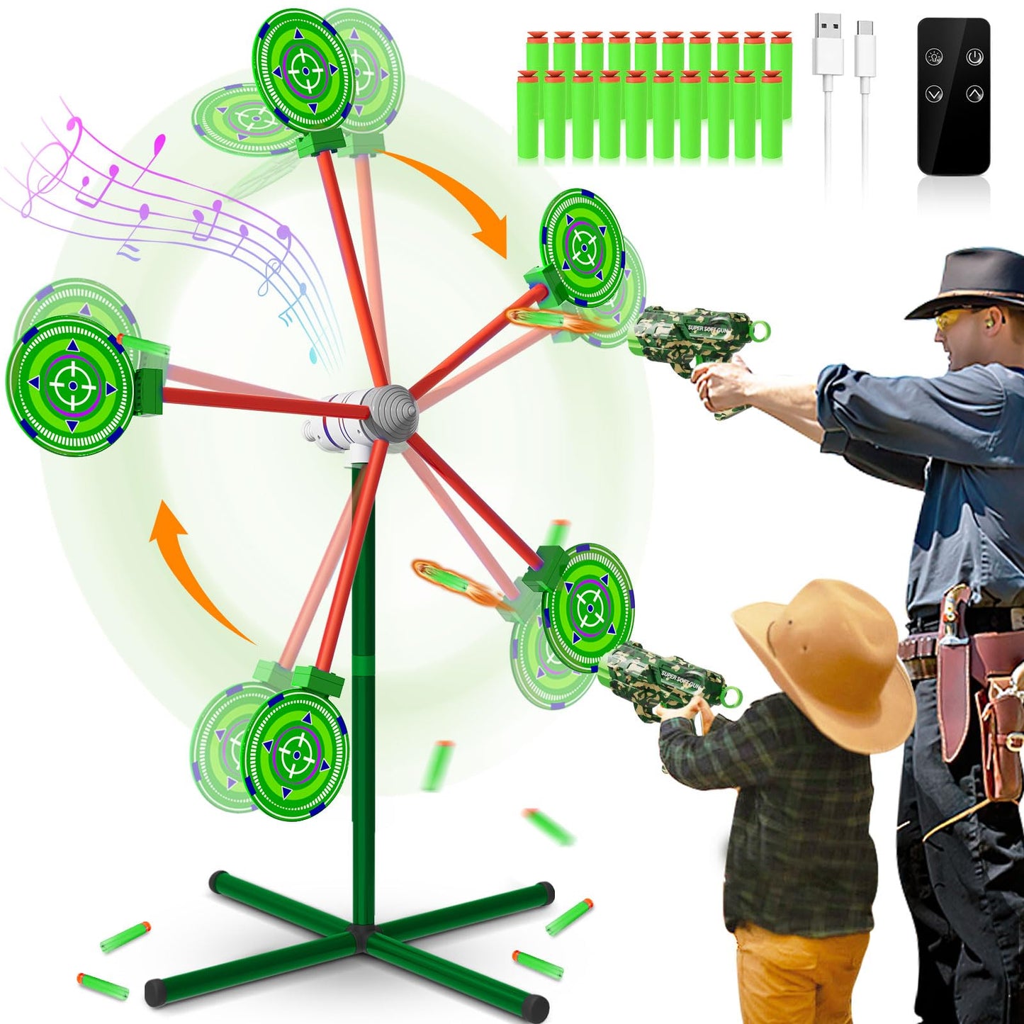 HLDYA Rocket Shooting Games with Rotating Target – 2 Foam Dart Guns, 20 Darts, Outdoor Carnival Play (Green)