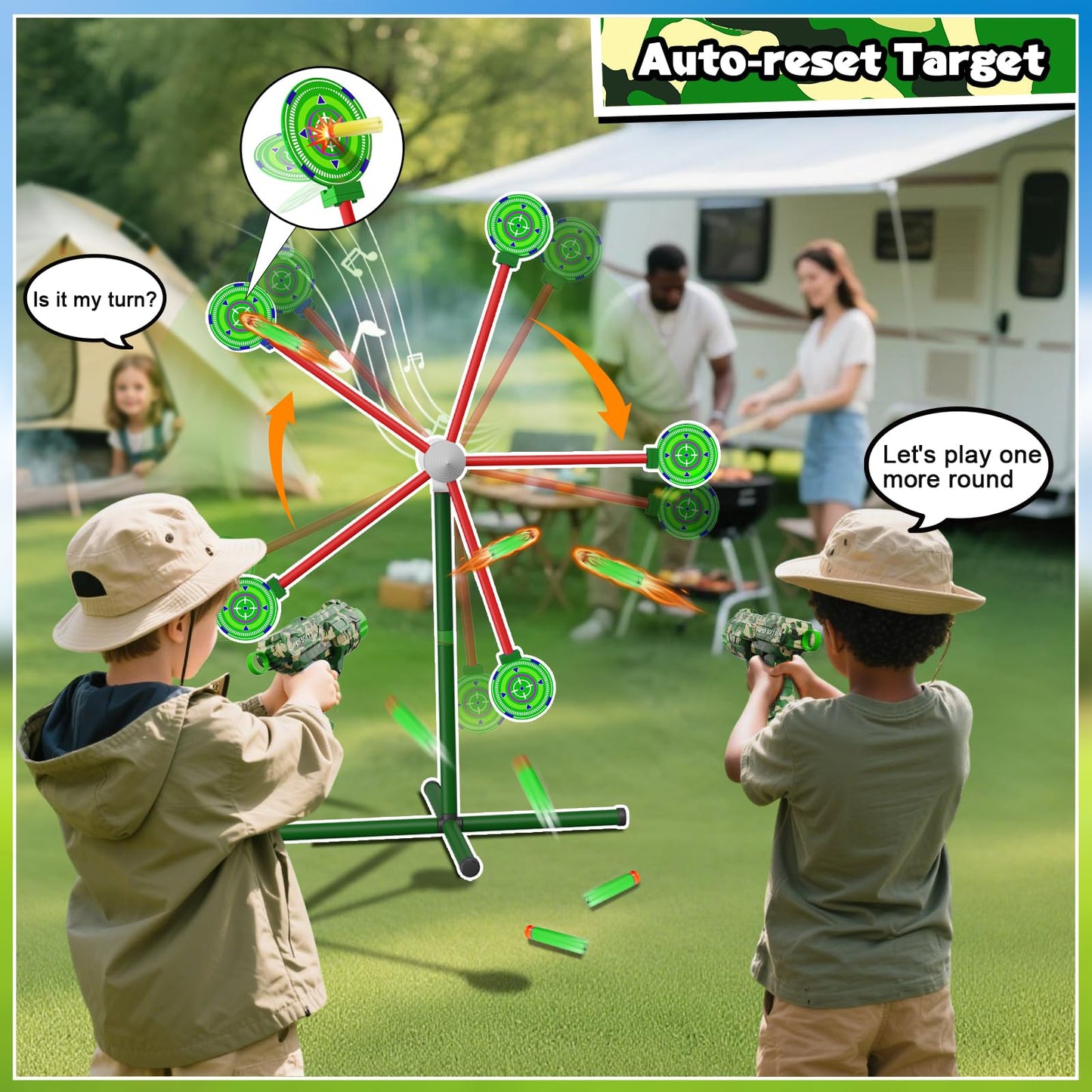 HLDYA Rocket Shooting Games with Rotating Target – 2 Foam Dart Guns, 20 Darts, Outdoor Carnival Play (Green)