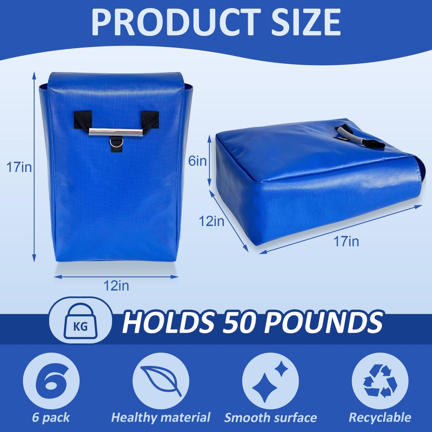 Hlimior 6-Pack Sturdy Outdoor Sandbags with Handles – 50lb Capacity – Anchor for Bounce Houses, Water Slides & Tents (Blue)