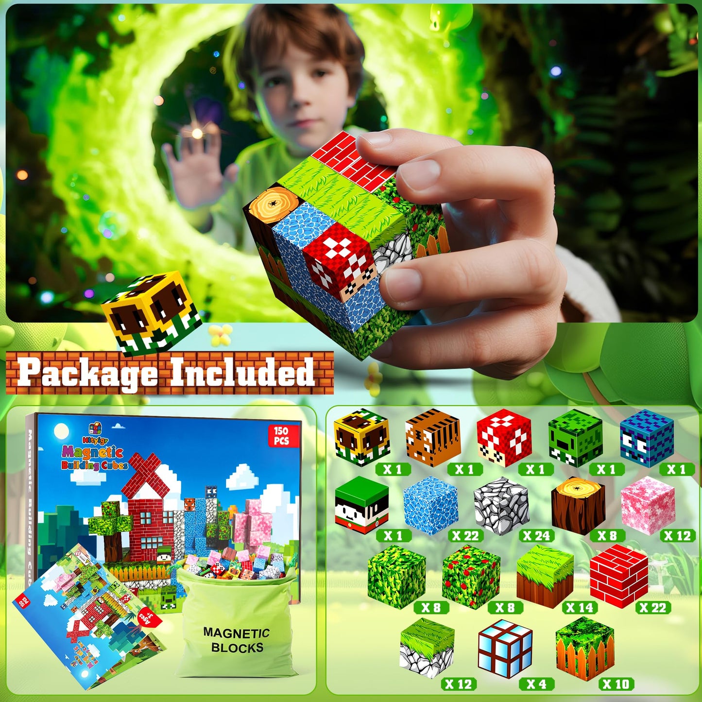 Hltyigr 150PCS Magnetic Blocks Set – Forest, Mine & Snow Mountain Themes | STEM Toy for Kids 3+