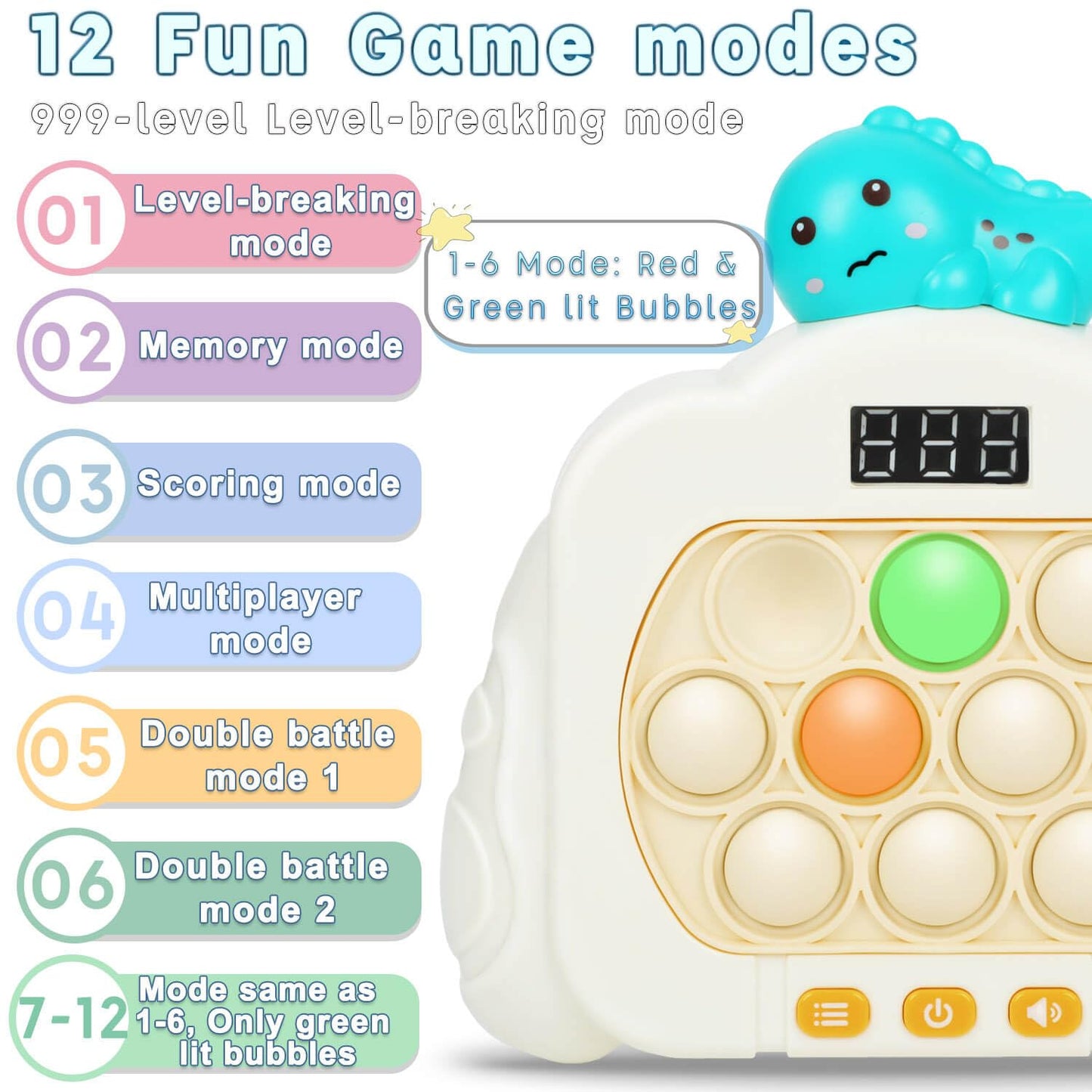 HLXY Quick Push Pop Game Fidget Toy - 12 LED Modes, Dinosaur Theme Gift