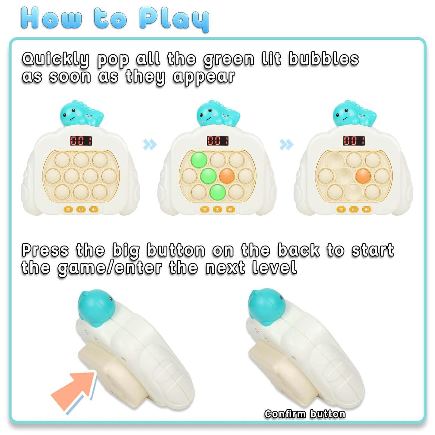 HLXY Quick Push Pop Game Fidget Toy - 12 LED Modes, Dinosaur Theme Gift