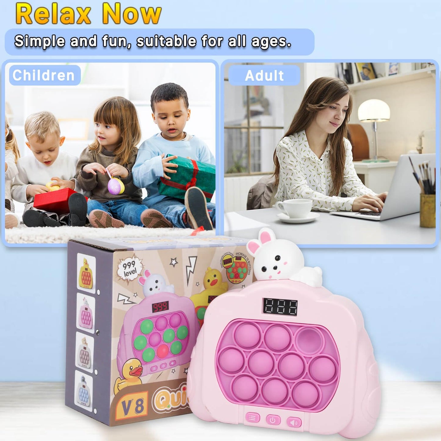 HLXY Quick Push Pop Fidget Toy – LED Light Up 12 Modes, Rabbit Style Sensory Toy for Kids & Adults