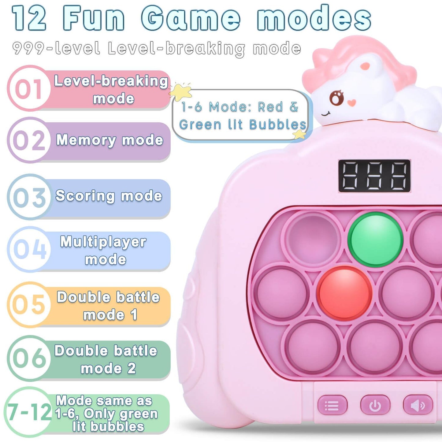 HLXY Quick Push Pop Game Unicorn Edition – 12 LED Modes, Handheld Fidget Toy