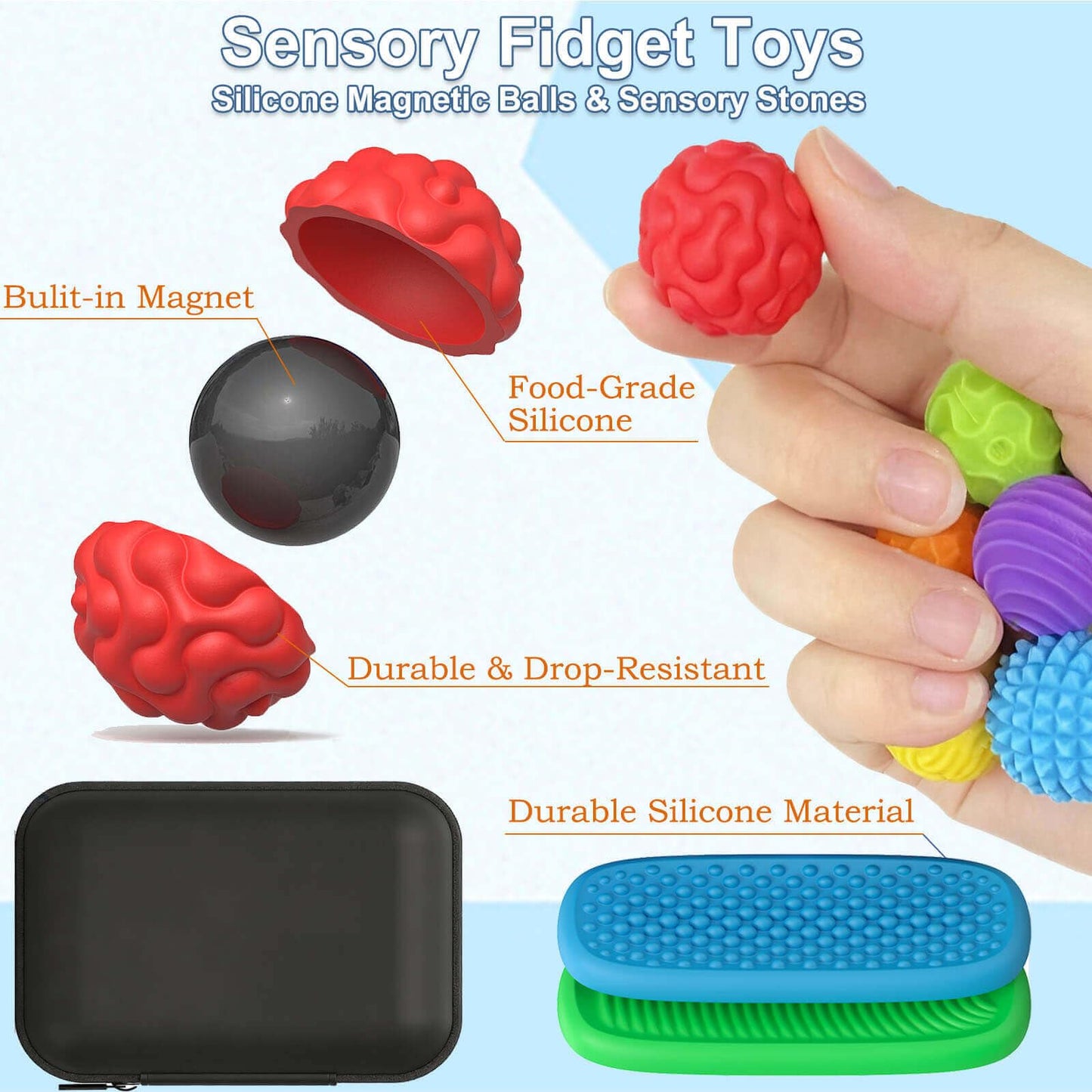 HLXY Fidget Toys: Silicone Magnetic Balls & Sensory Stones — 8-Piece Sensory Set for Focus and Calm