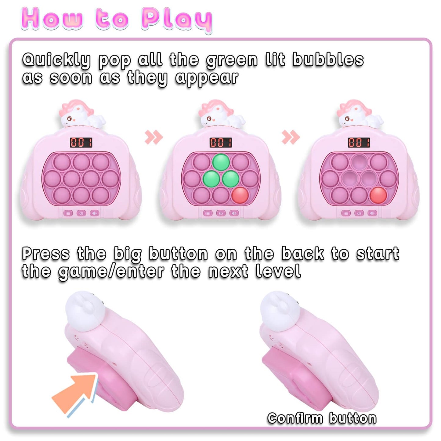 HLXY Quick Push Pop Game Unicorn Edition – 12 LED Modes, Handheld Fidget Toy