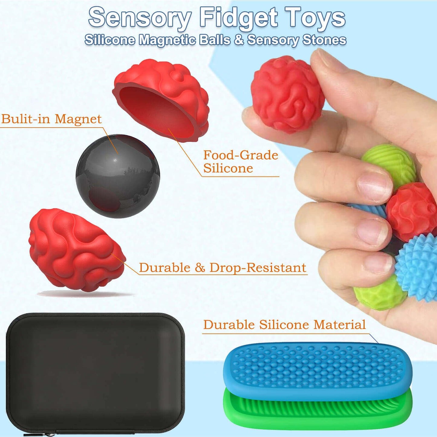 HLXY Fidget Toys – Silicone Magnetic Balls & Sensory Stones (8-Piece) for Focus, Stress Relief, Autism & ADHD