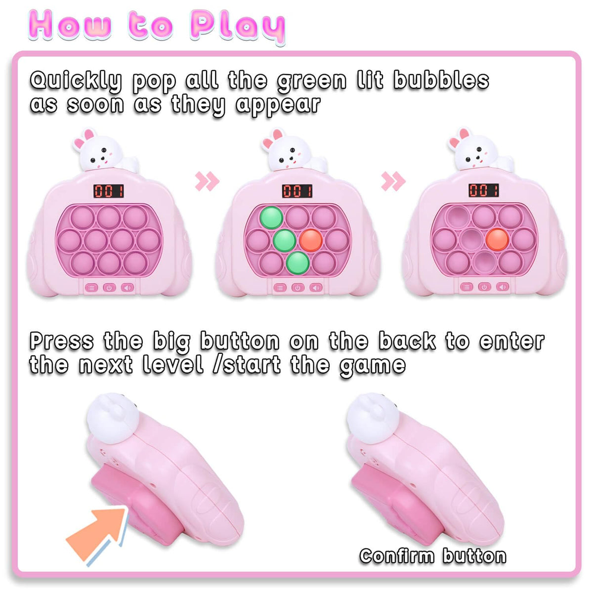 HLXY Quick Push Pop Fidget Toy – LED Light Up 12 Modes, Rabbit Style Sensory Toy for Kids & Adults