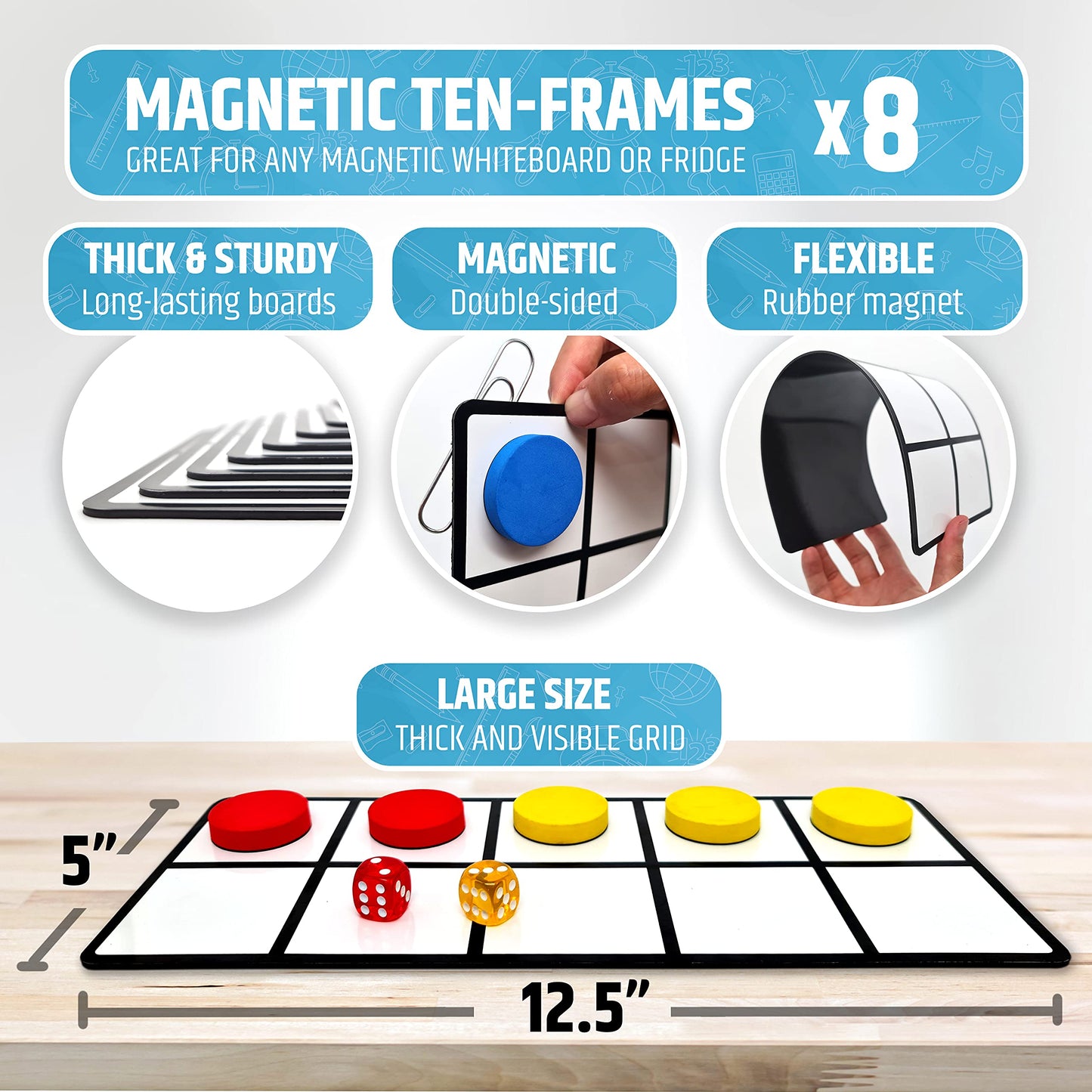 HMmagnets Magnetic Ten Frame Set: 8 Frames, 100 Counters, 80 Flash Cards, 10 Dice