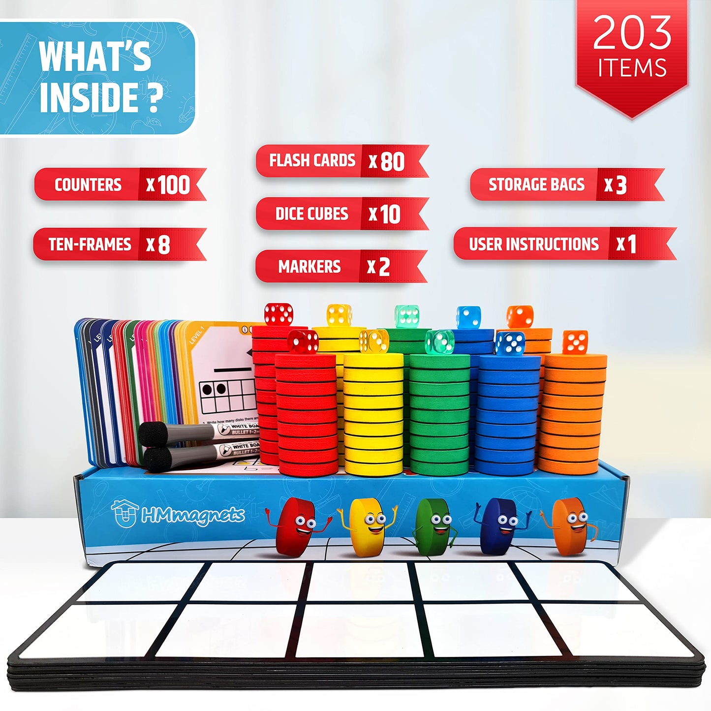 HMmagnets Magnetic Ten Frame Set: 8 Frames, 100 Counters, 80 Flash Cards, 10 Dice