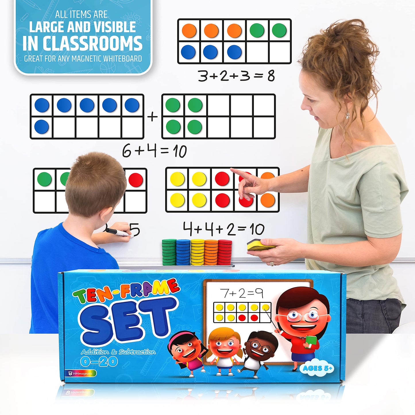 HMmagnets Magnetic Ten Frame Set: 8 Frames, 100 Counters, 80 Flash Cards, 10 Dice