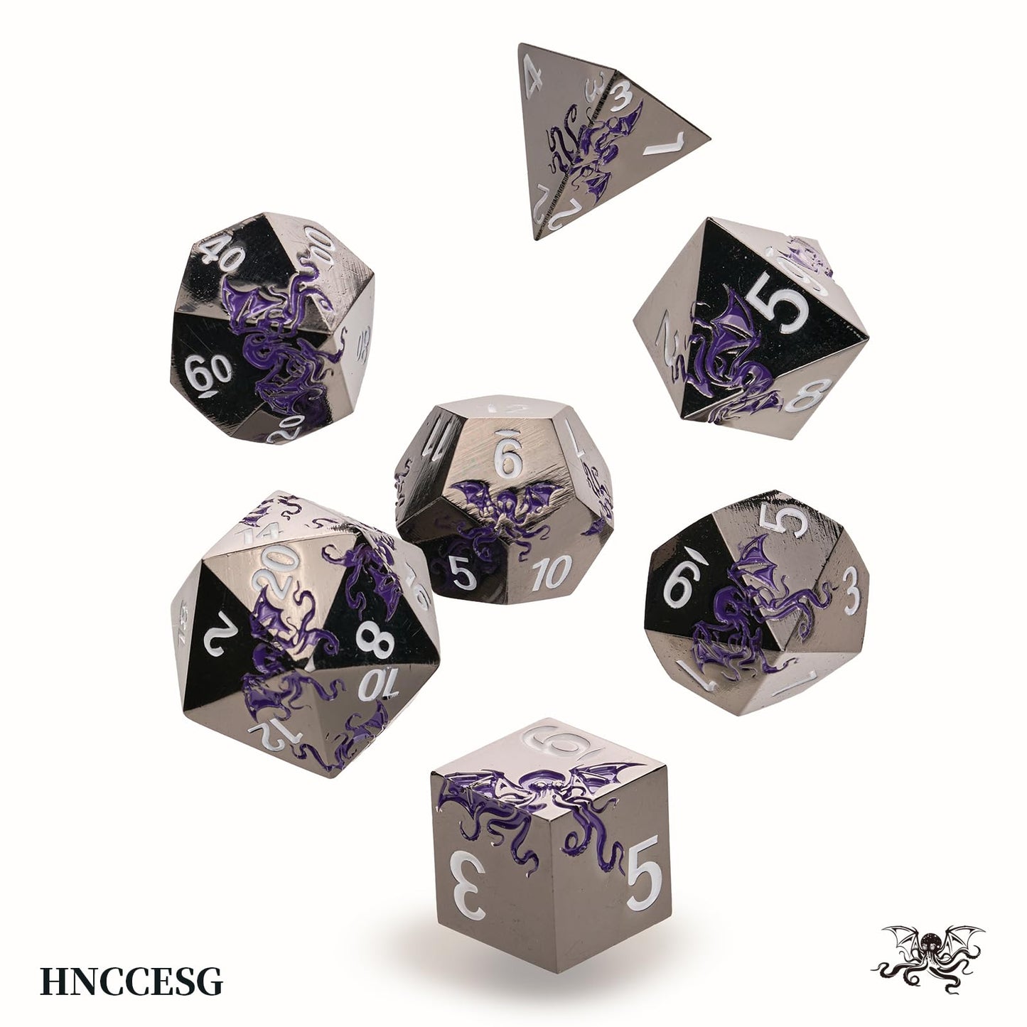 HNCCESG Cthulhu-Inspired Octopus Metal RPG Dice Set, 7-Piece, Shadow Purple on Black