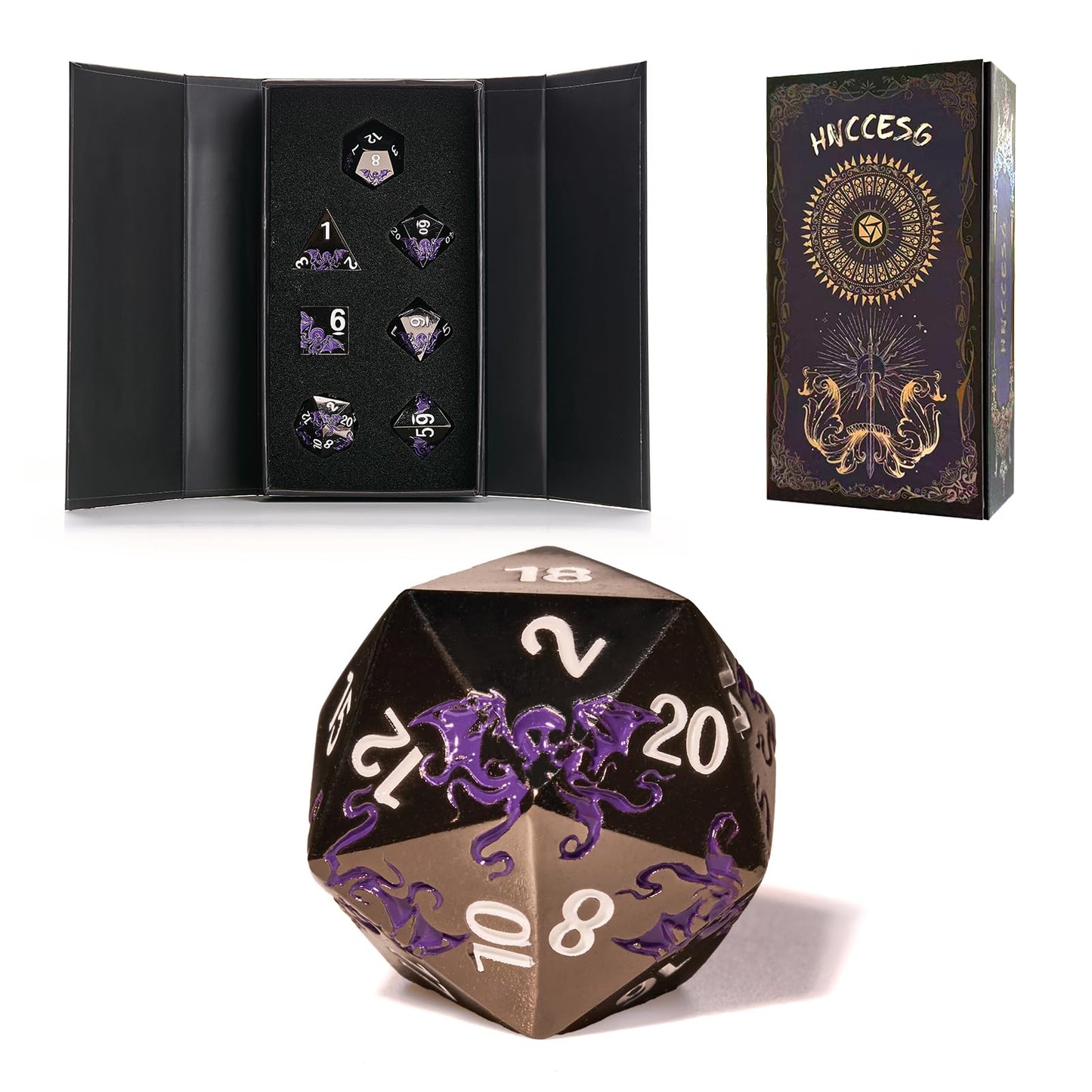 HNCCESG Cthulhu-Inspired Octopus Metal RPG Dice Set, 7-Piece, Shadow Purple on Black