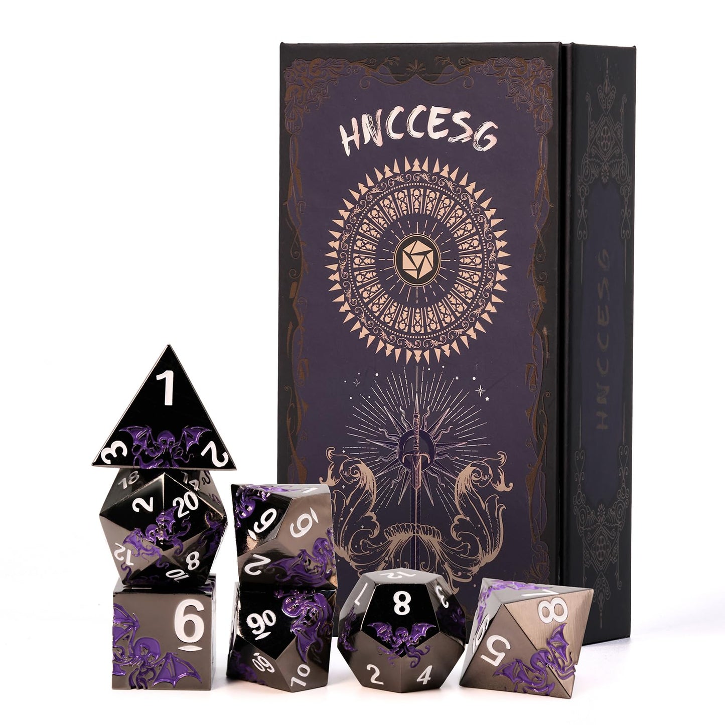 HNCCESG Cthulhu-Inspired Octopus Metal RPG Dice Set, 7-Piece, Shadow Purple on Black