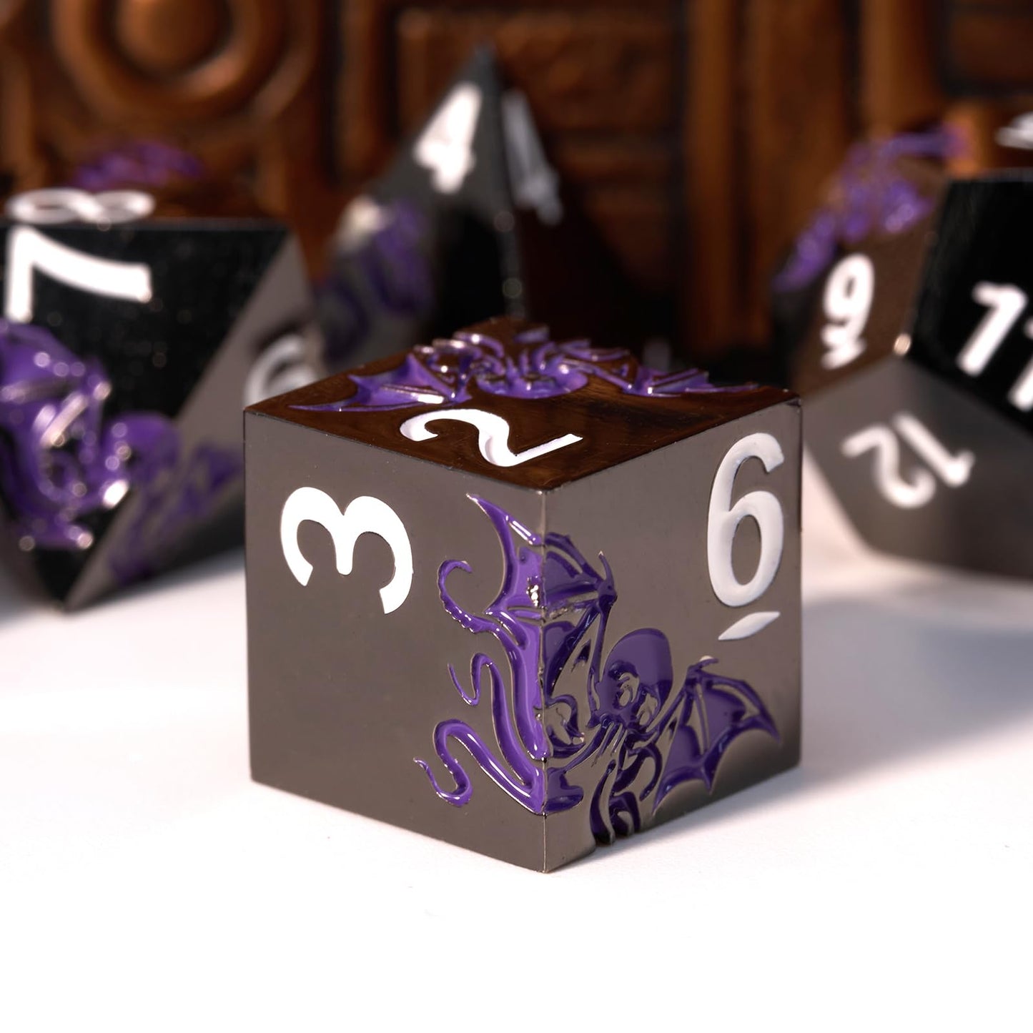 HNCCESG Cthulhu-Inspired Octopus Metal RPG Dice Set, 7-Piece, Shadow Purple on Black