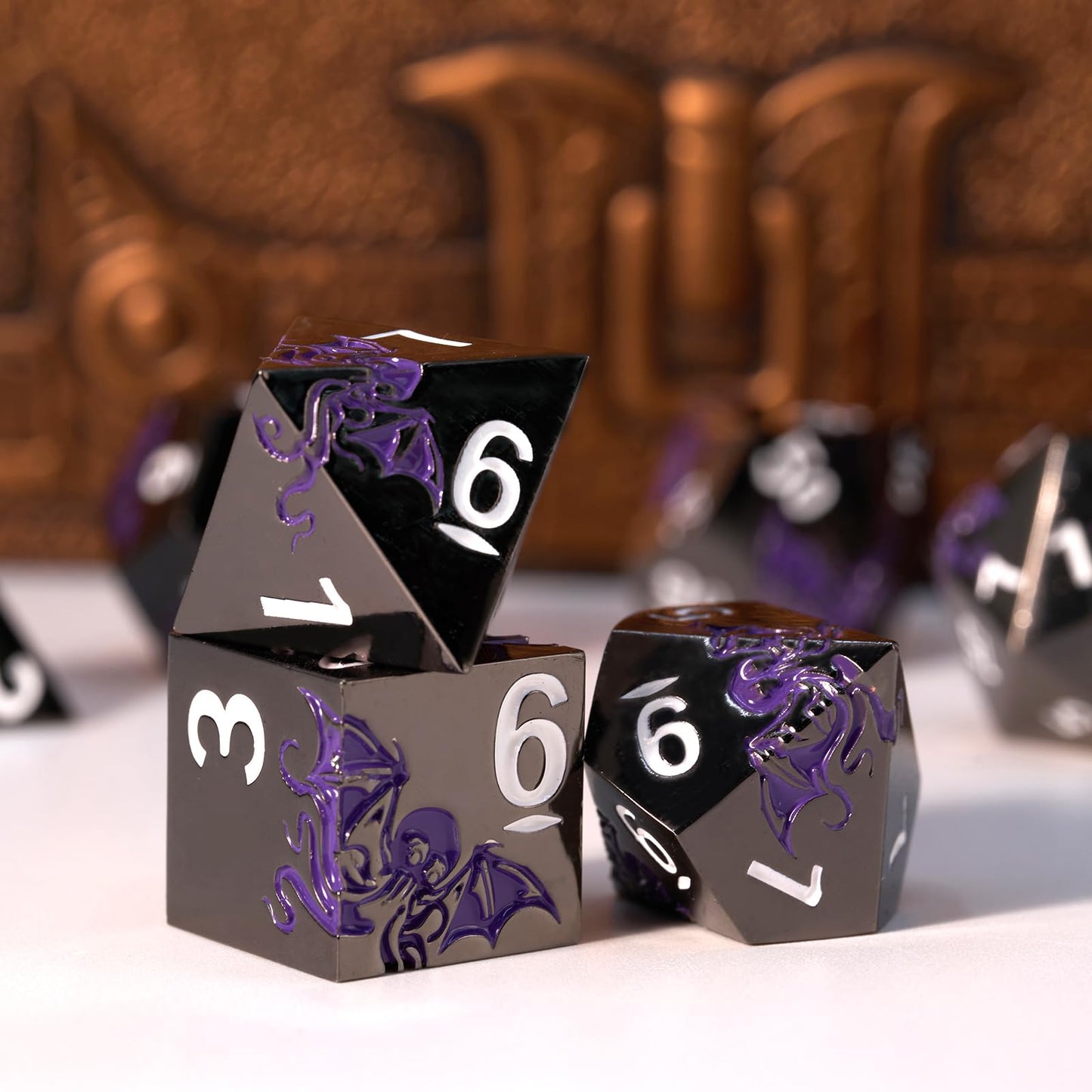 HNCCESG Cthulhu-Inspired Octopus Metal RPG Dice Set, 7-Piece, Shadow Purple on Black