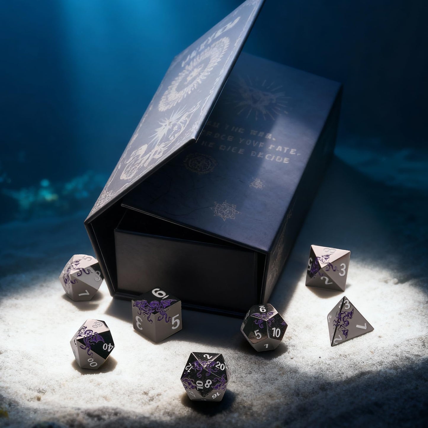 HNCCESG Cthulhu-Inspired Octopus Metal RPG Dice Set, 7-Piece, Shadow Purple on Black