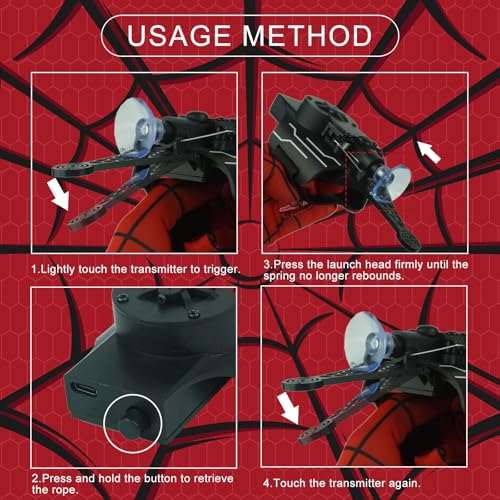 HNCSFW Spider Silk Launcher for Kids — 8ft Reach, USB-C Charging, Magnetic Rope, 10 Play Modes (Black)