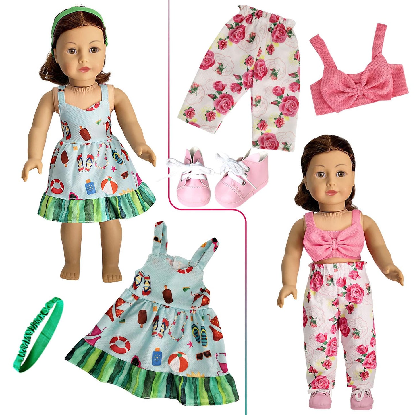 HOAKWA 19-Piece 18-Inch Doll Clothes & Accessories Set | 8 Outfits, Shoes, Headbands, Hat