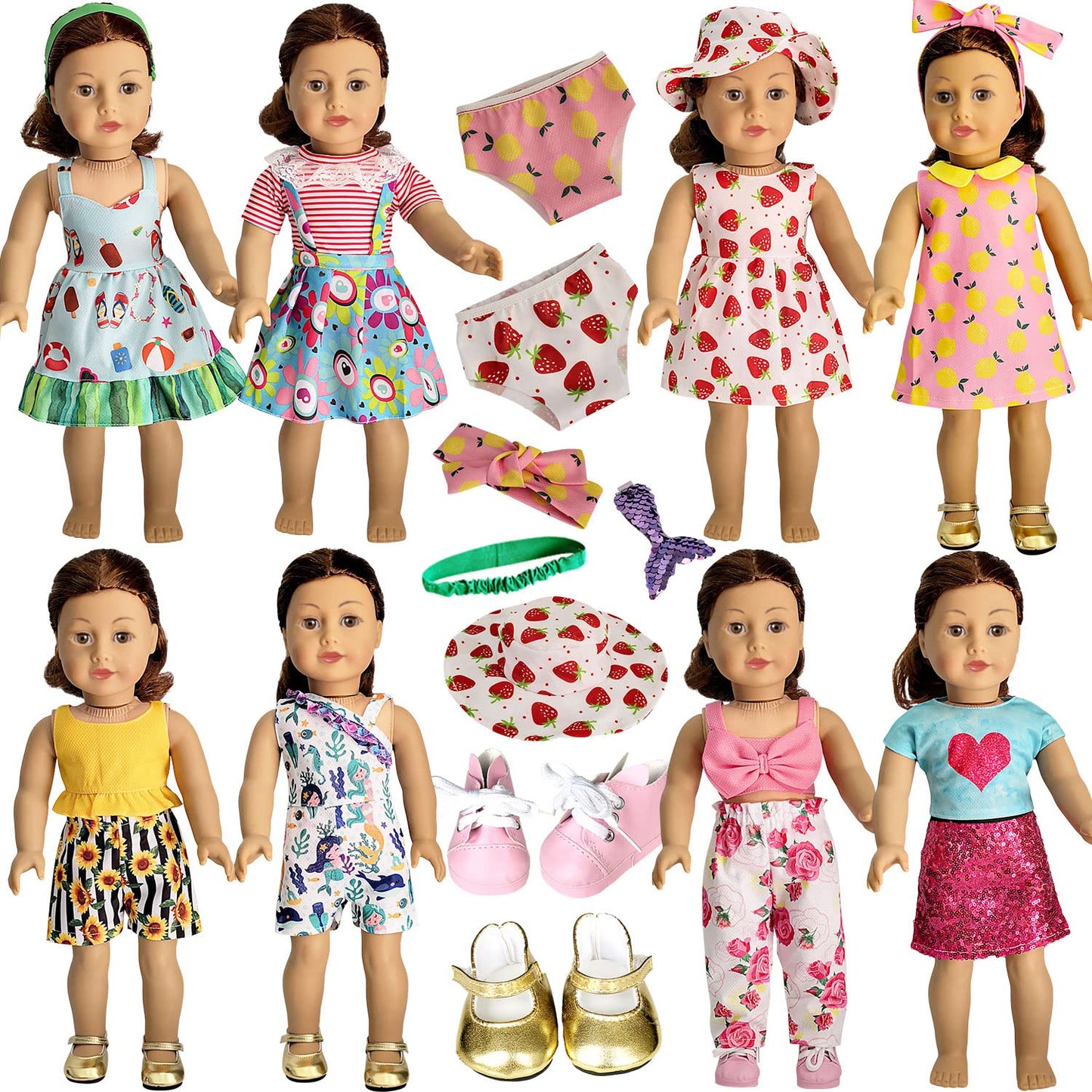 HOAKWA 19-Piece 18-Inch Doll Clothes & Accessories Set | 8 Outfits, Shoes, Headbands, Hat