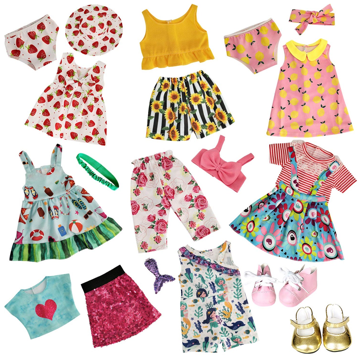 HOAKWA 19-Piece 18-Inch Doll Clothes & Accessories Set | 8 Outfits, Shoes, Headbands, Hat