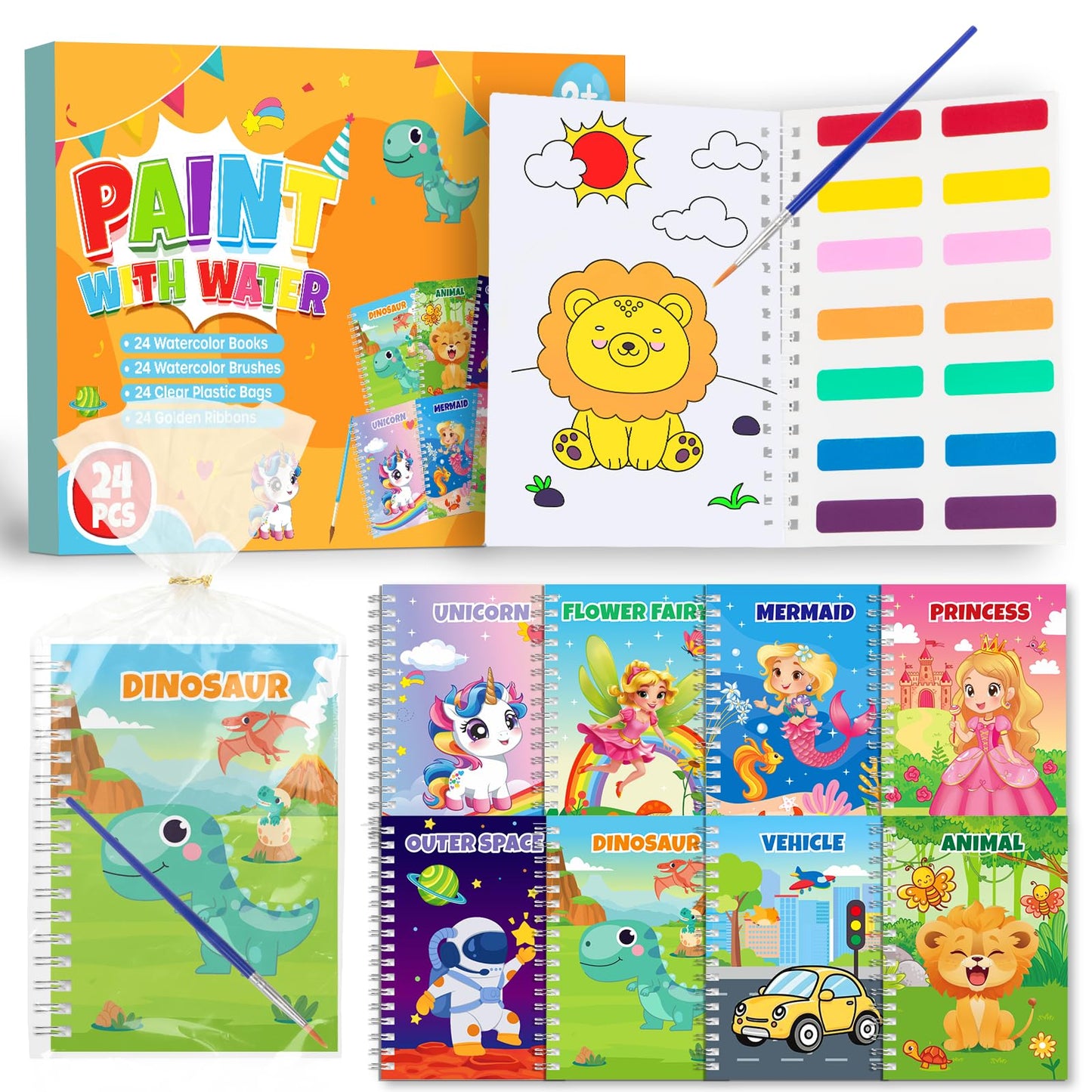 Hoarecal 24 Watercolor Mini Books – Mess-Free Party Favors for Kids 4-12