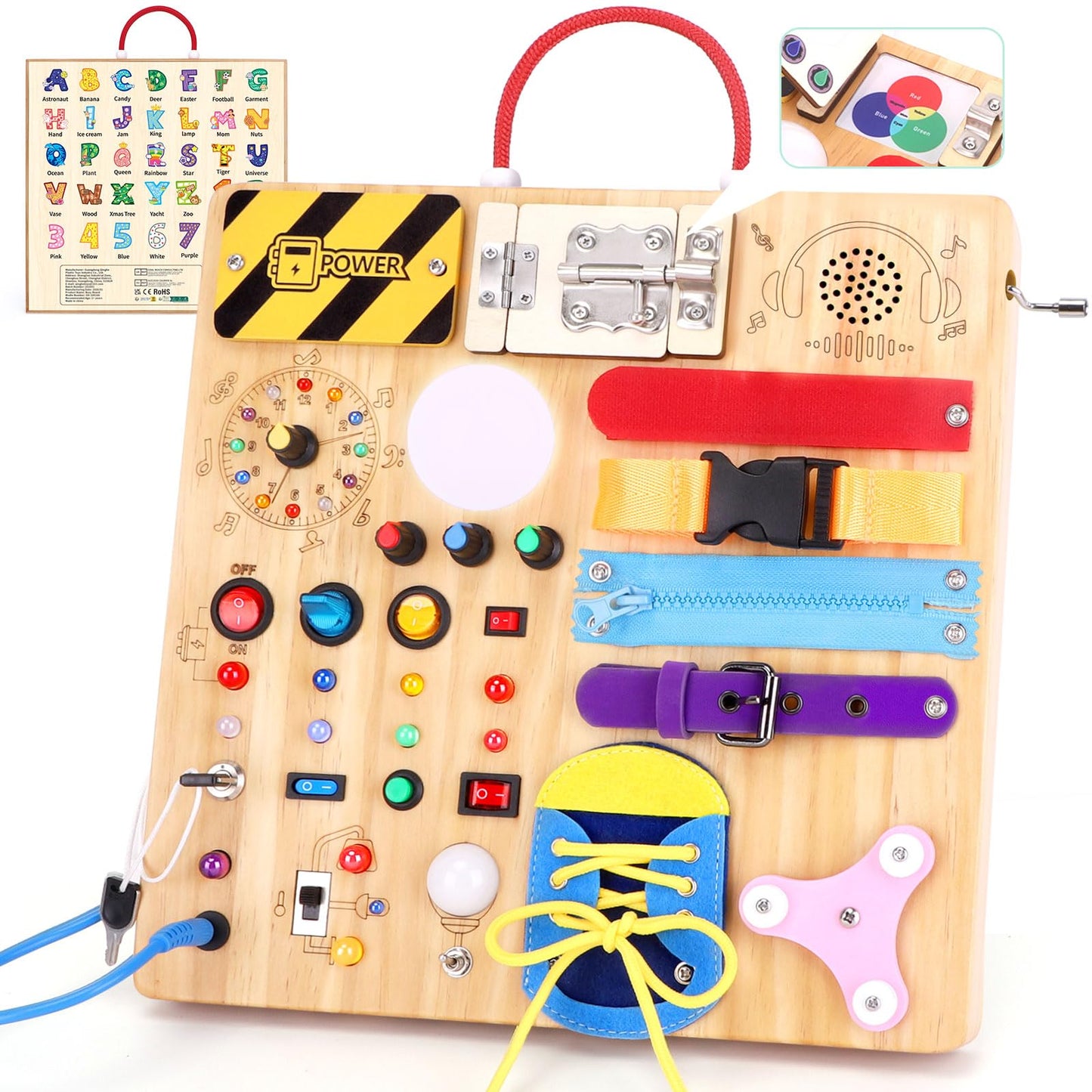 Hoarosall 23-in-1 Montessori Busy Board with LED Lights – Educational Wooden Travel Toy for Toddlers 1-3