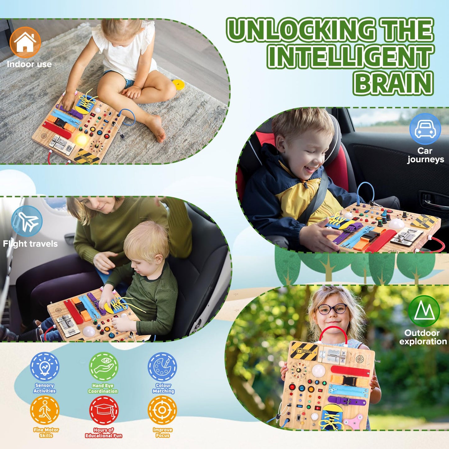 Hoarosall 23-in-1 Montessori Busy Board with LED Lights – Educational Wooden Travel Toy for Toddlers 1-3