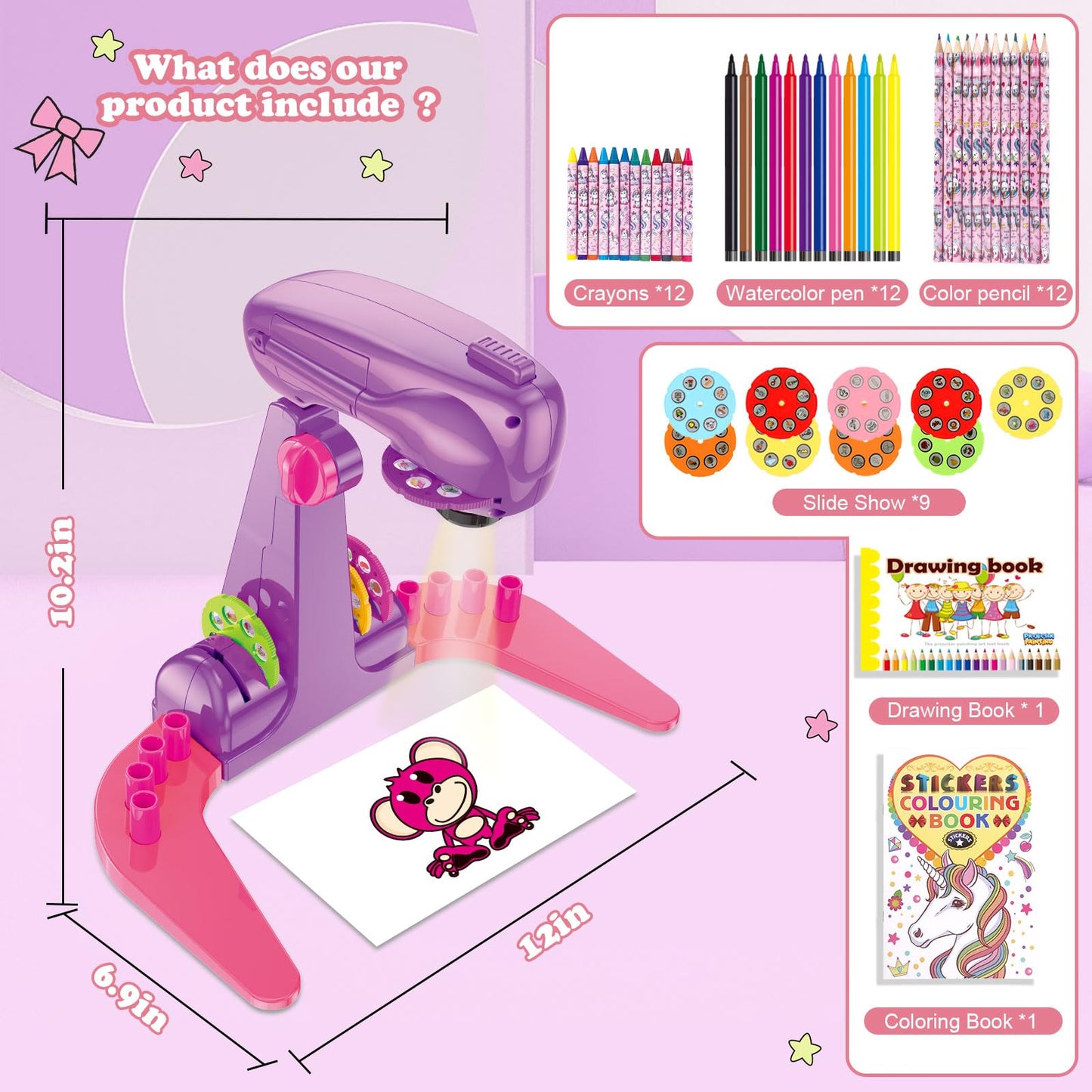 Hoarosall Drawing Projector for Kids – Art Kit with 72 Patterns (Purple)