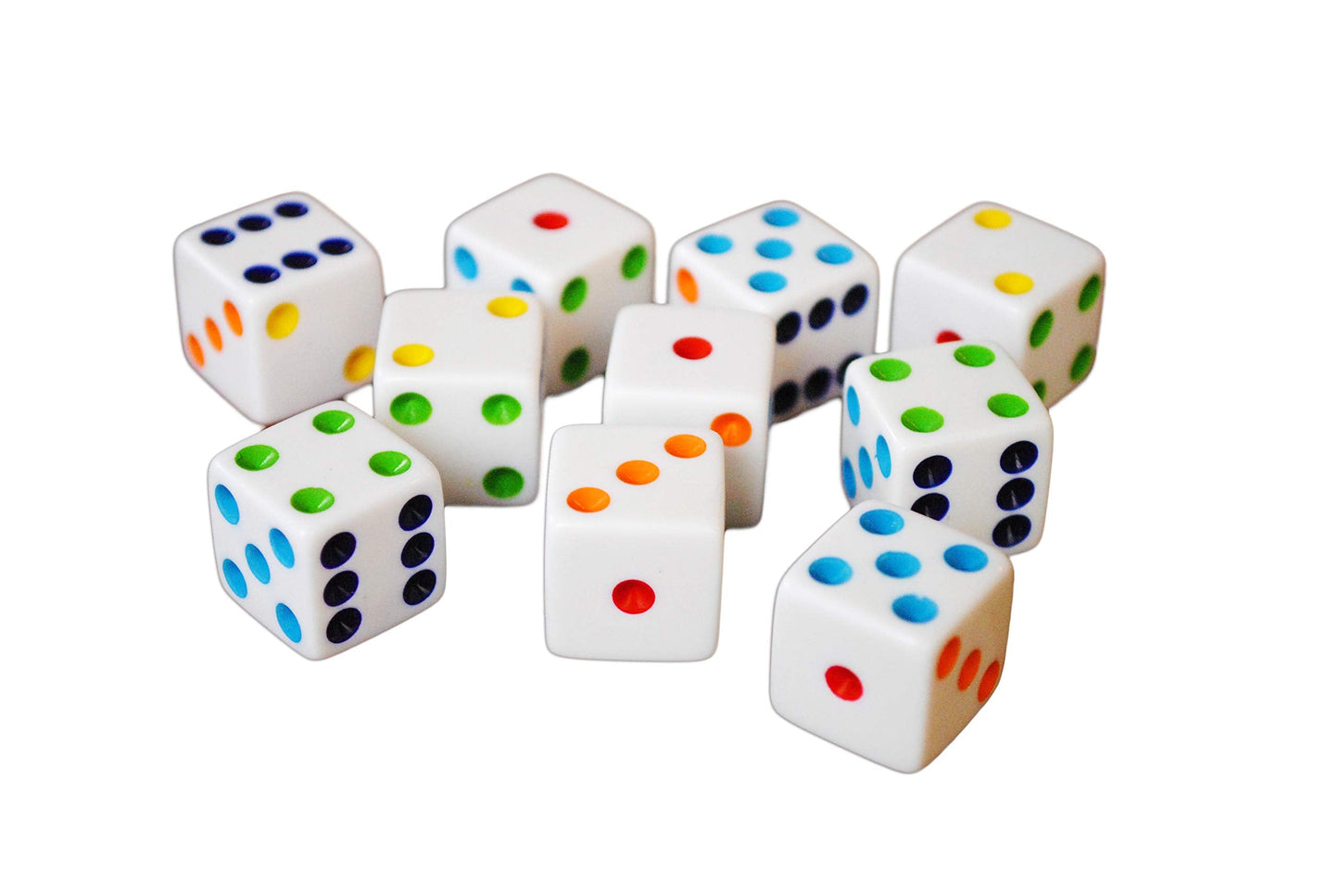 Hobby Monsters: 10 D6 16mm White Dice with Multi-Colored Pips