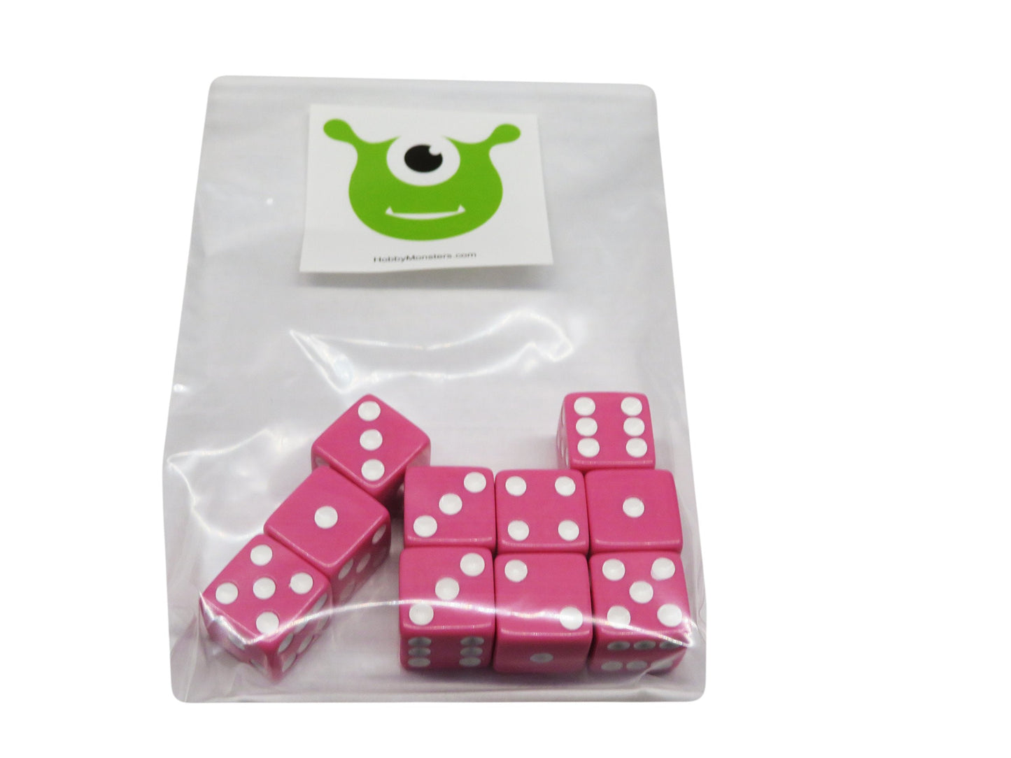 Hobby Monsters 10-Piece Pink 16mm Dice with White Pips