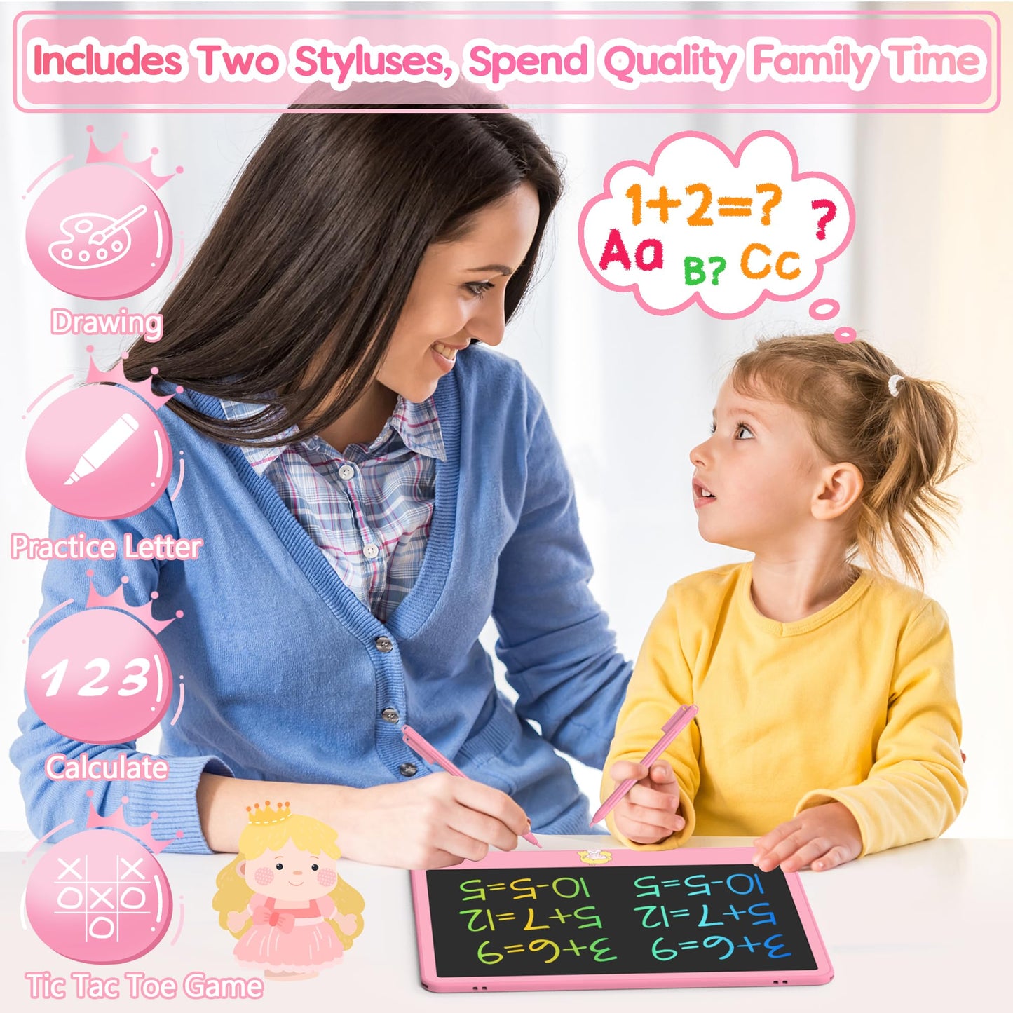 Hockvill 12-Inch LCD Writing Tablet for Kids – Twin Stylus, Eye-Friendly Doodle Board (Pink)