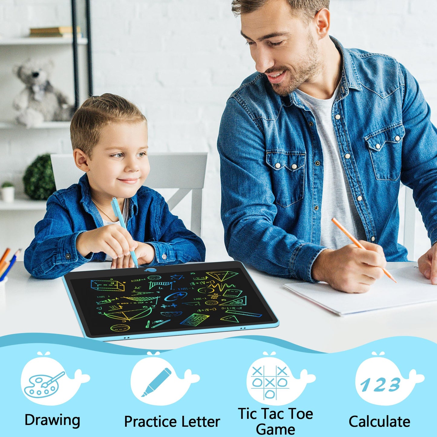 Hockvill 16-Inch LCD Writing Tablet for Kids — Blue Doodle Board for Ages 3-8