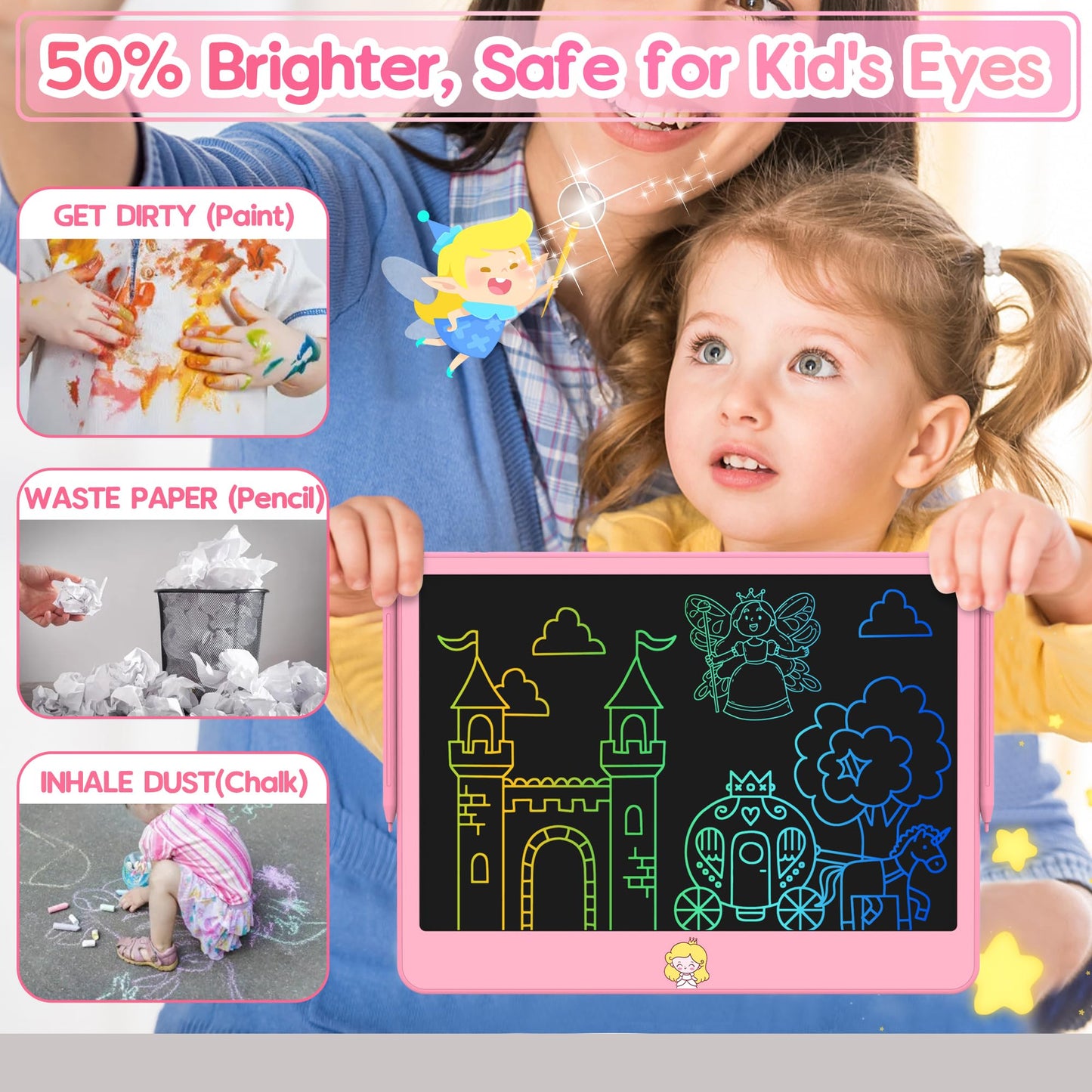 Hockvill 12-Inch LCD Writing Tablet for Kids – Twin Stylus, Eye-Friendly Doodle Board (Pink)