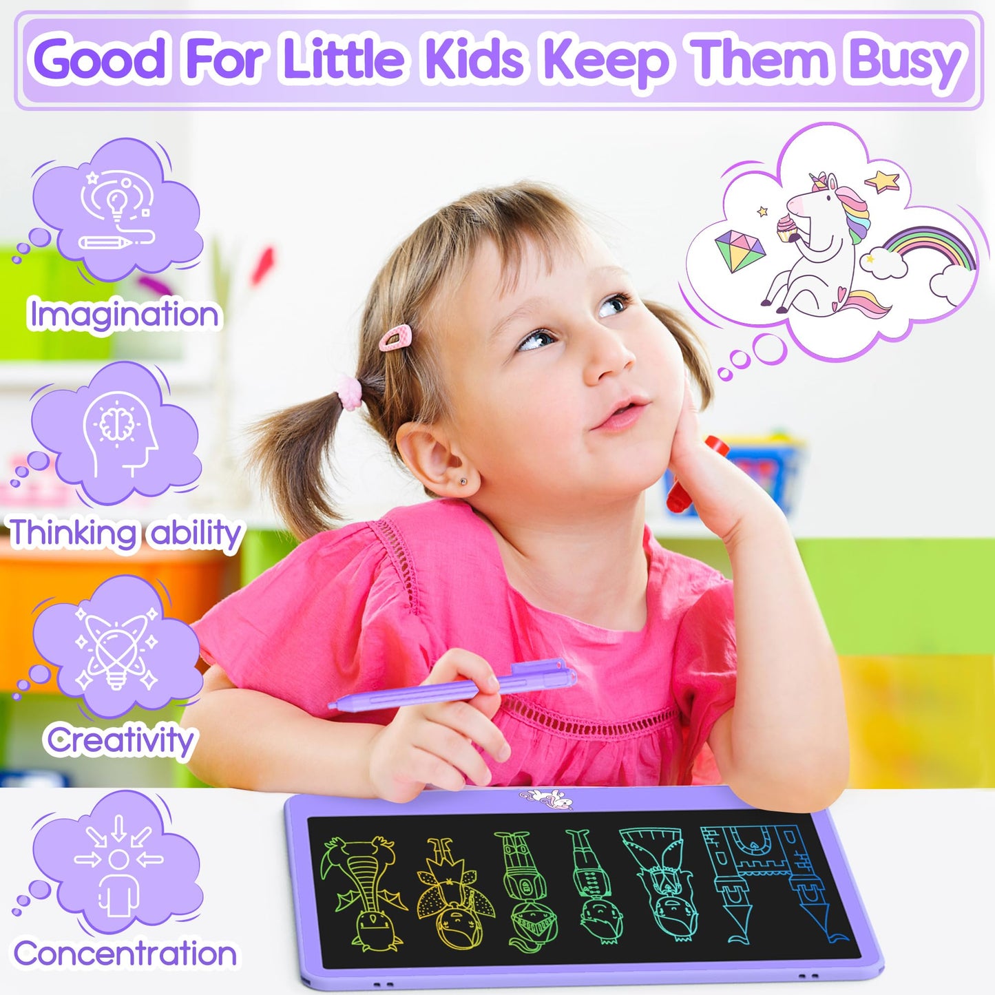 Hockvill 12-Inch LCD Writing Tablet for Kids | Unicorn Doodle Board – Travel-Friendly Gift