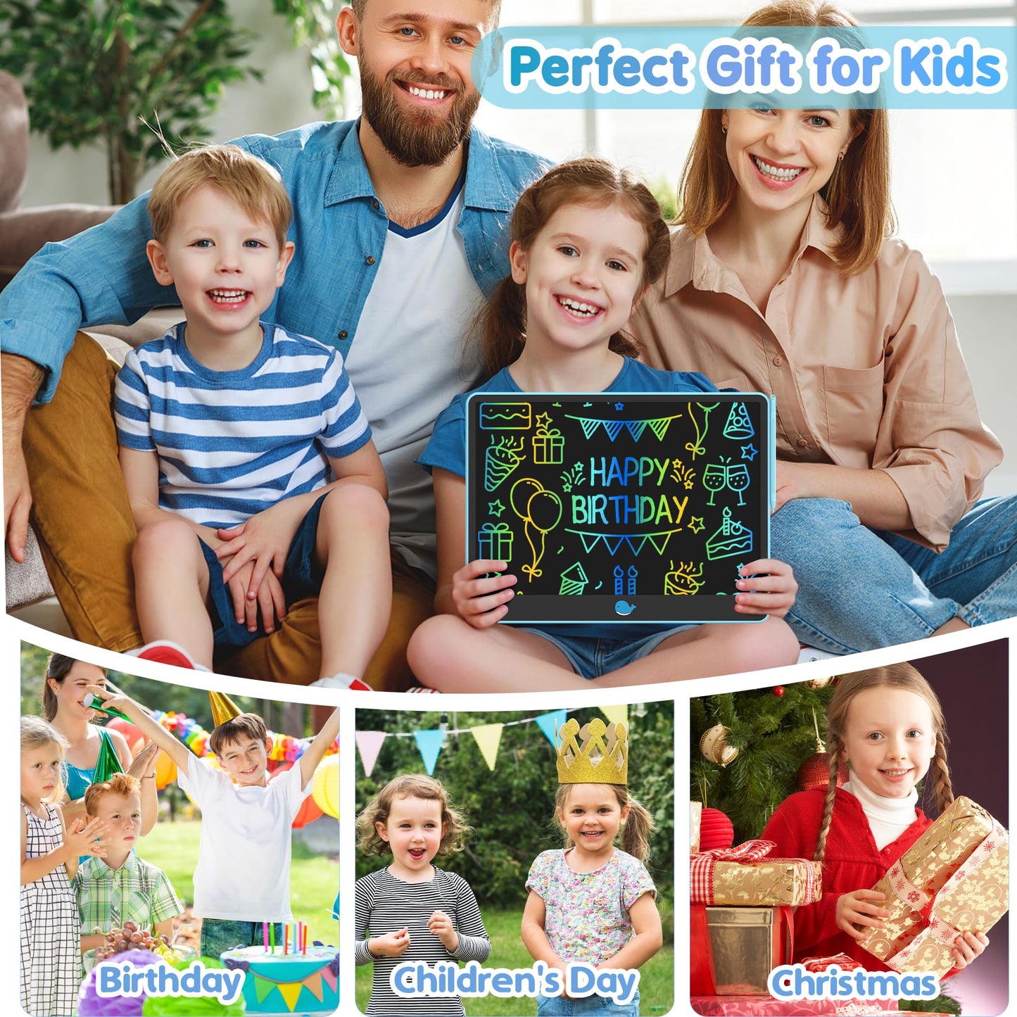 Hockvill 16-Inch LCD Writing Tablet for Kids — Blue Doodle Board for Ages 3-8