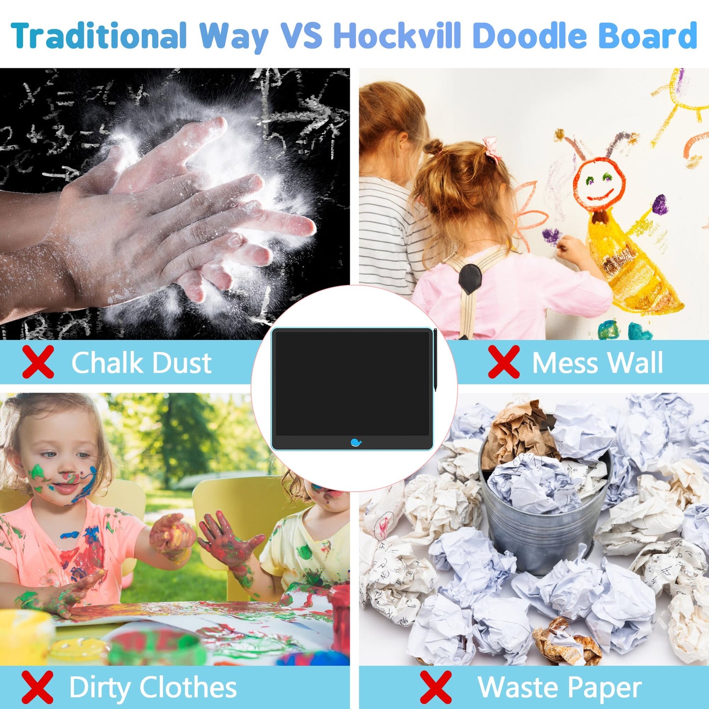 Hockvill 16-Inch LCD Writing Tablet for Kids — Blue Doodle Board for Ages 3-8