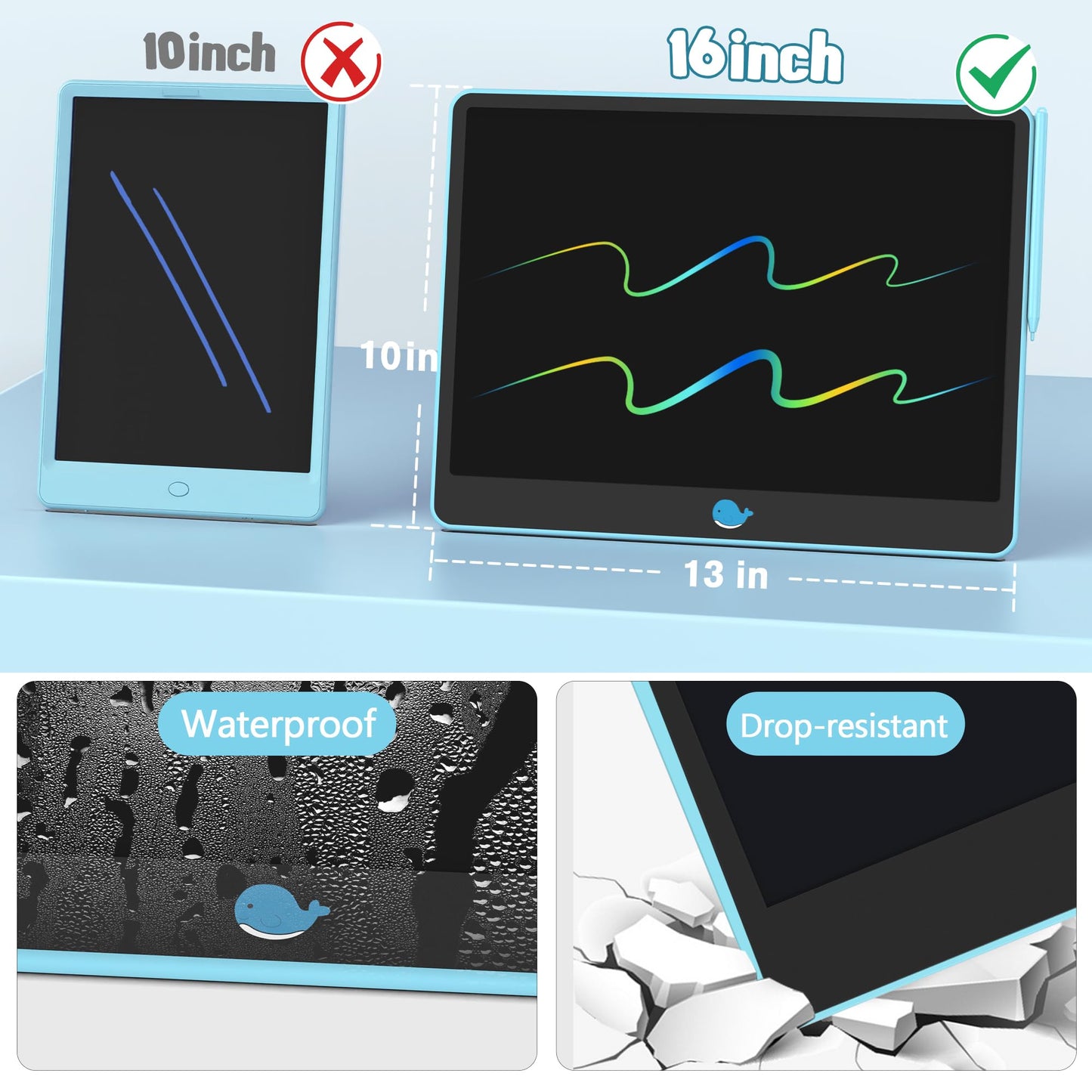 Hockvill 16-Inch LCD Writing Tablet for Kids — Blue Doodle Board for Ages 3-8