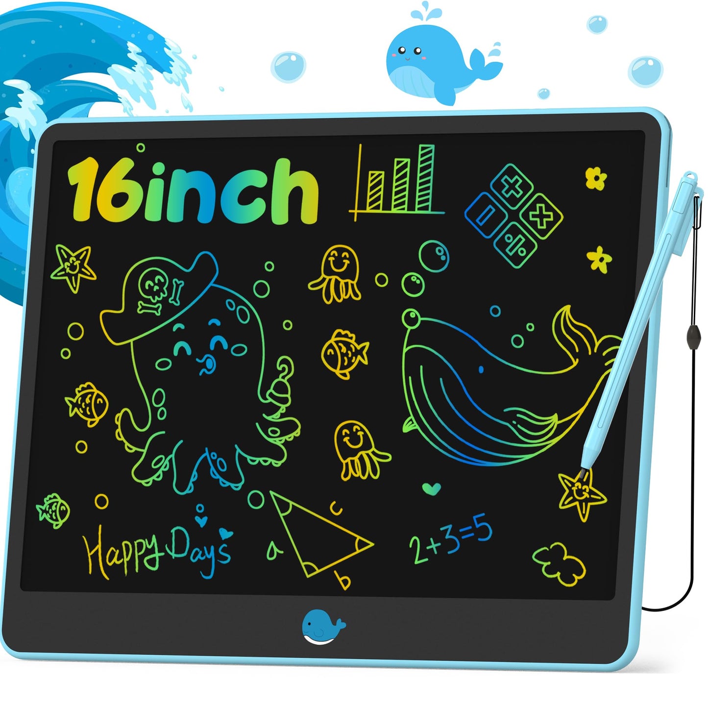 Hockvill 16-Inch LCD Writing Tablet for Kids — Blue Doodle Board for Ages 3-8