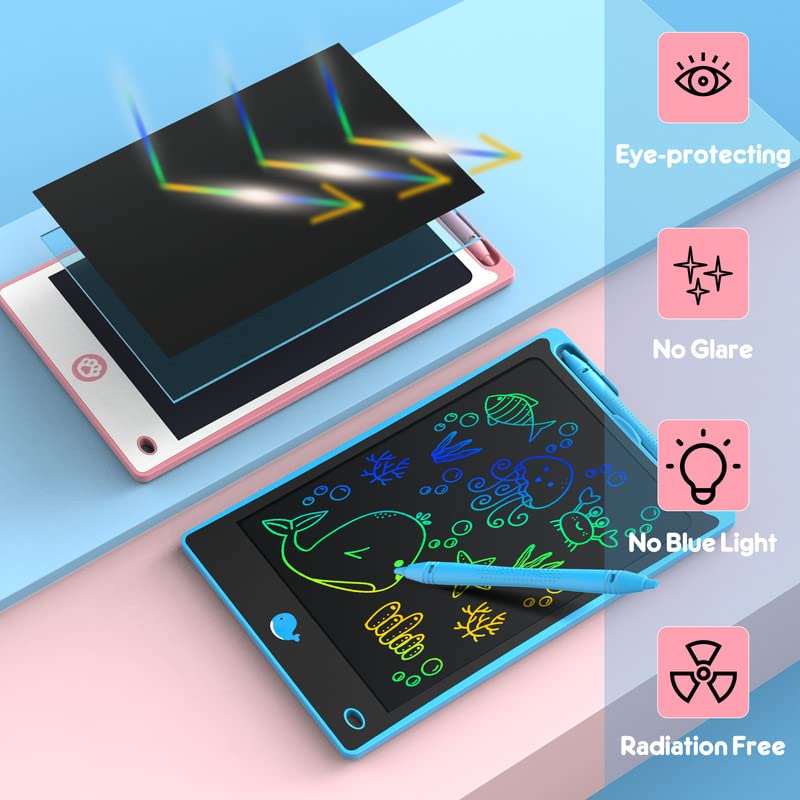 Hockvill 8.8-Inch LCD Writing Tablet for Kids – Doodle Board for Travel, Eye-Friendly Colorful Writing (Ages 3-8) Blue/Pink